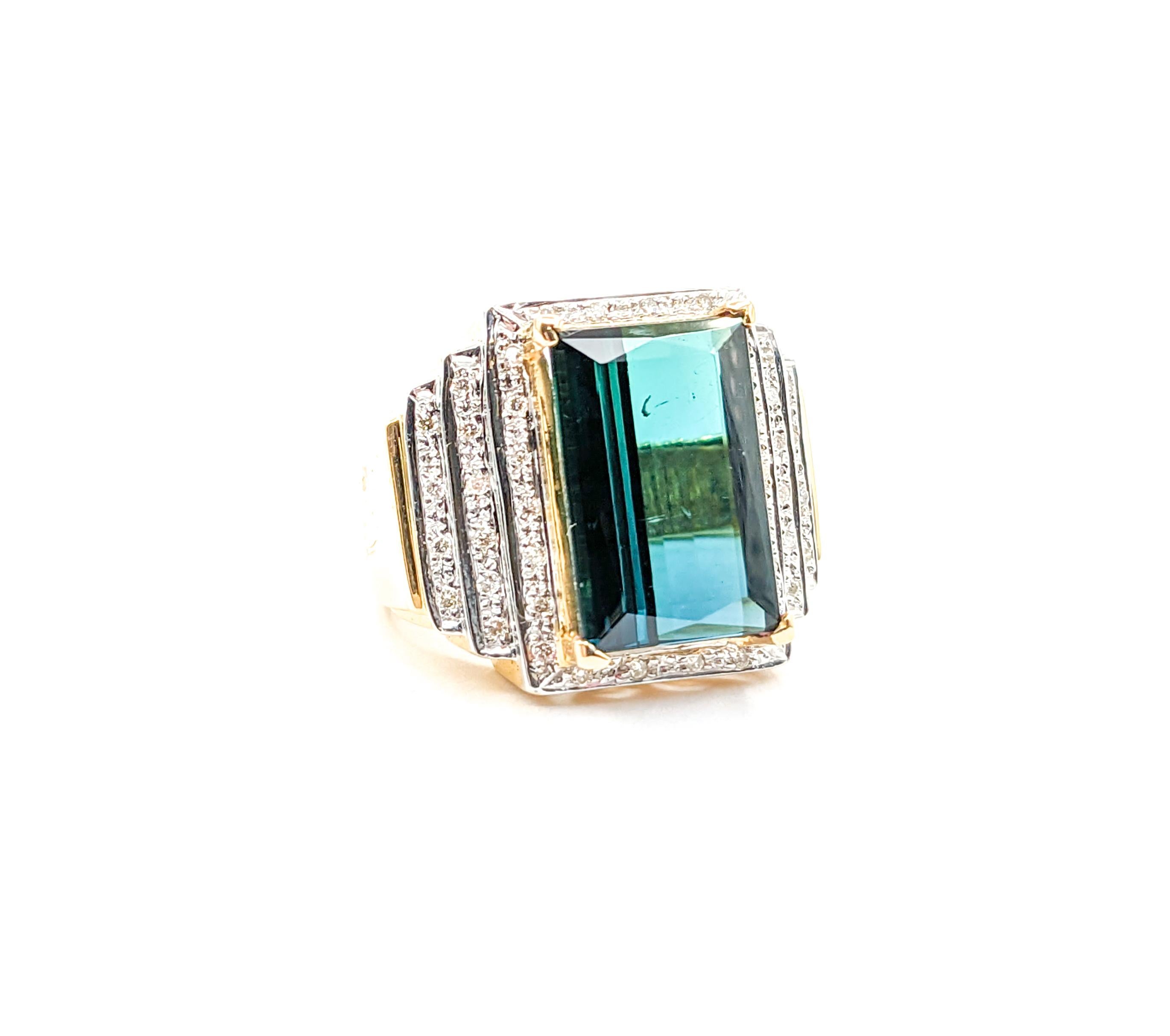 GIA 9.38ct blue-green Tourmaline & Diamond Ring In Yellow Gold For Sale 4