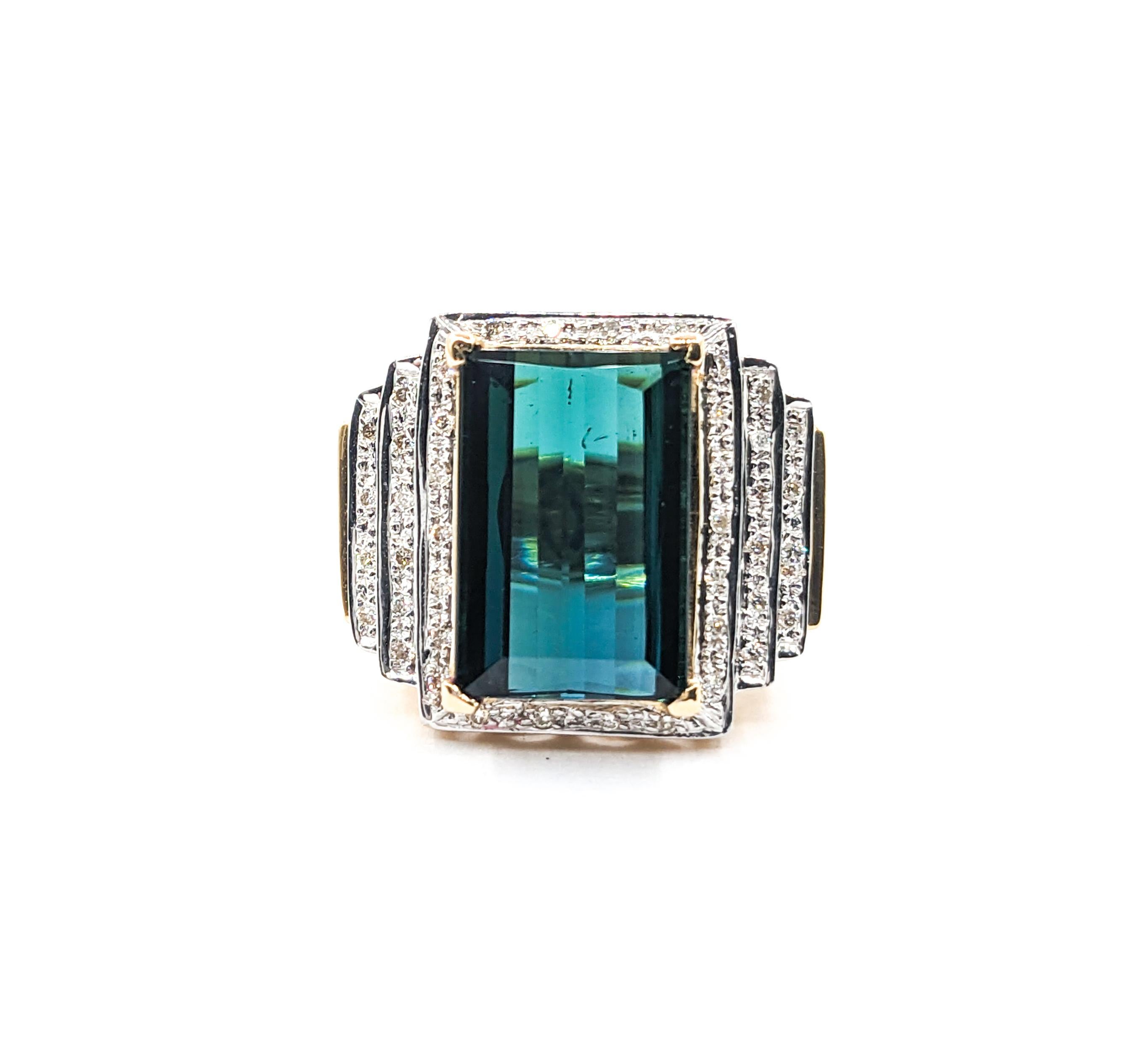 Contemporary GIA 9.38ct blue-green Tourmaline & Diamond Ring In Yellow Gold For Sale