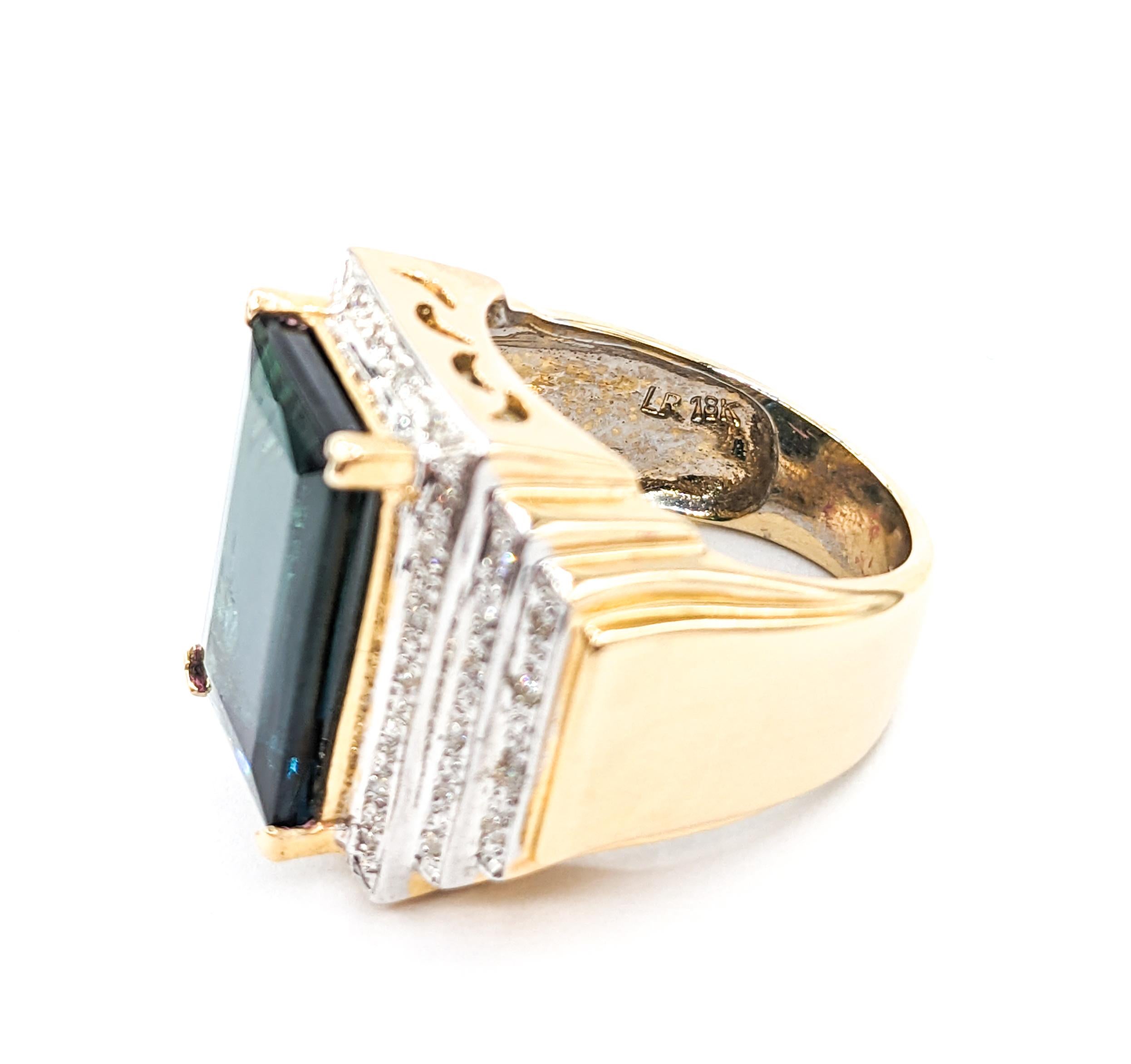 Emerald Cut GIA 9.38ct blue-green Tourmaline & Diamond Ring In Yellow Gold For Sale