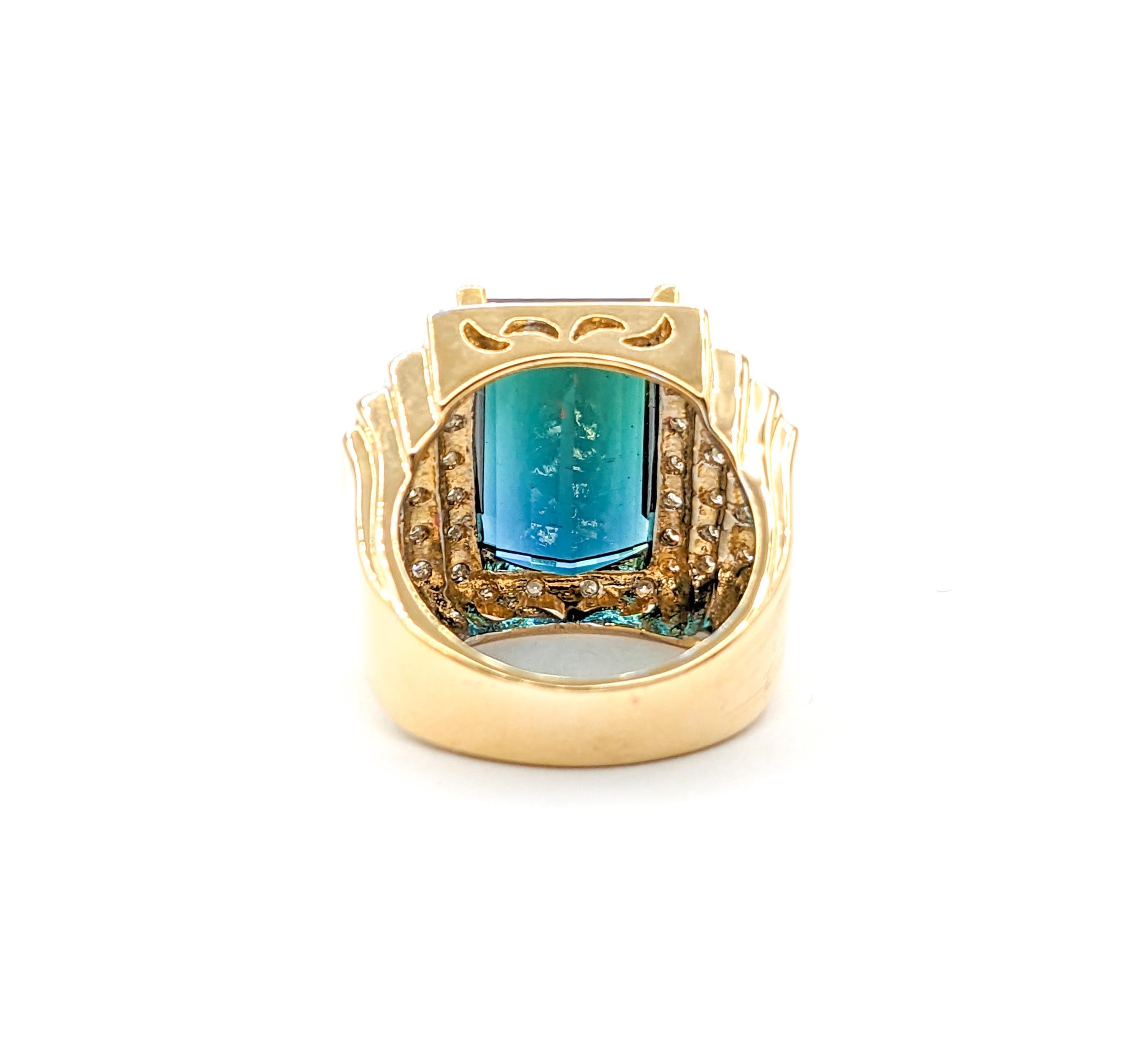 Bague en or jaune 9,38 carats, tourmaline bleu-vert et diamants certifiés GIA en vente 2