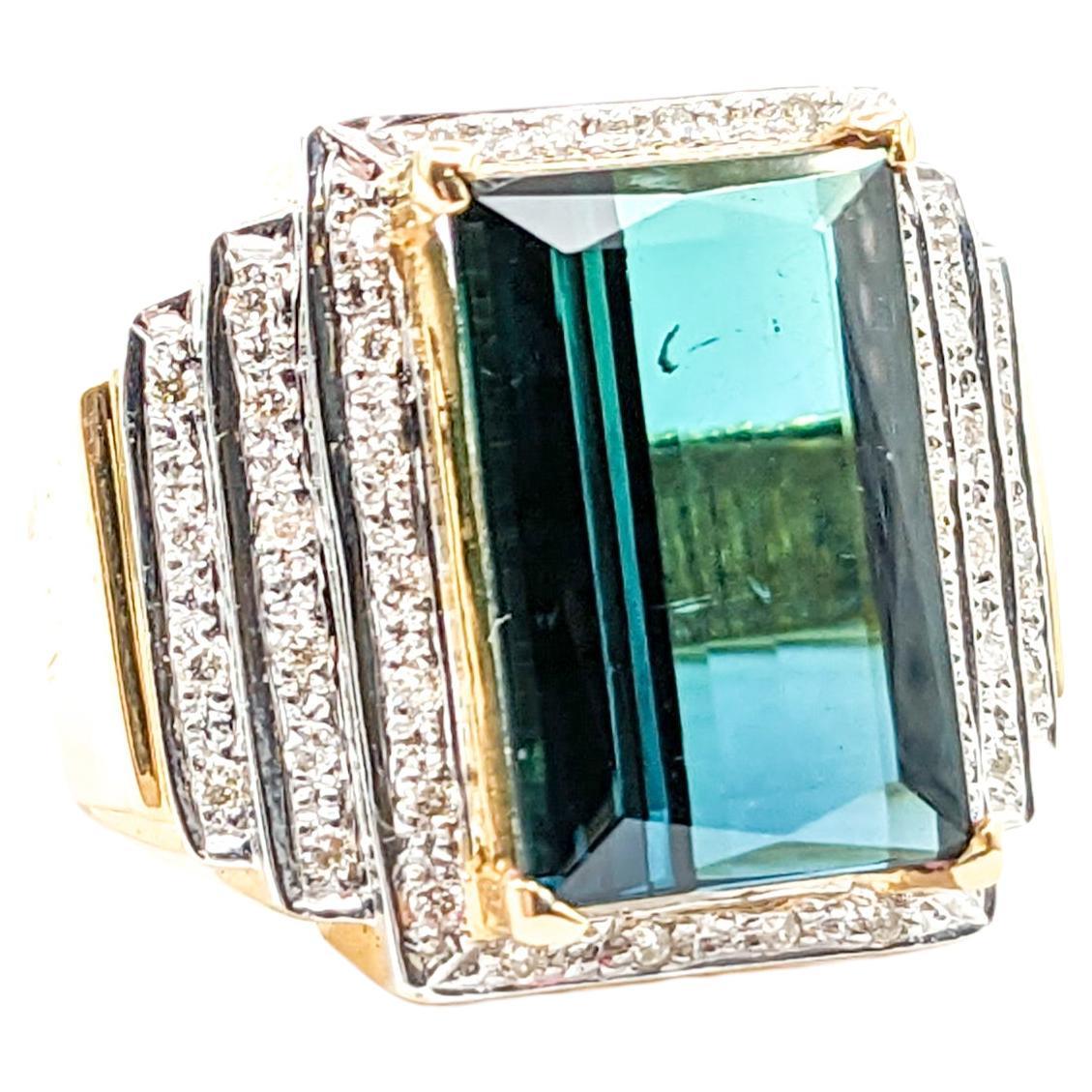 Bague en or jaune 9,38 carats, tourmaline bleu-vert et diamants certifiés GIA en vente