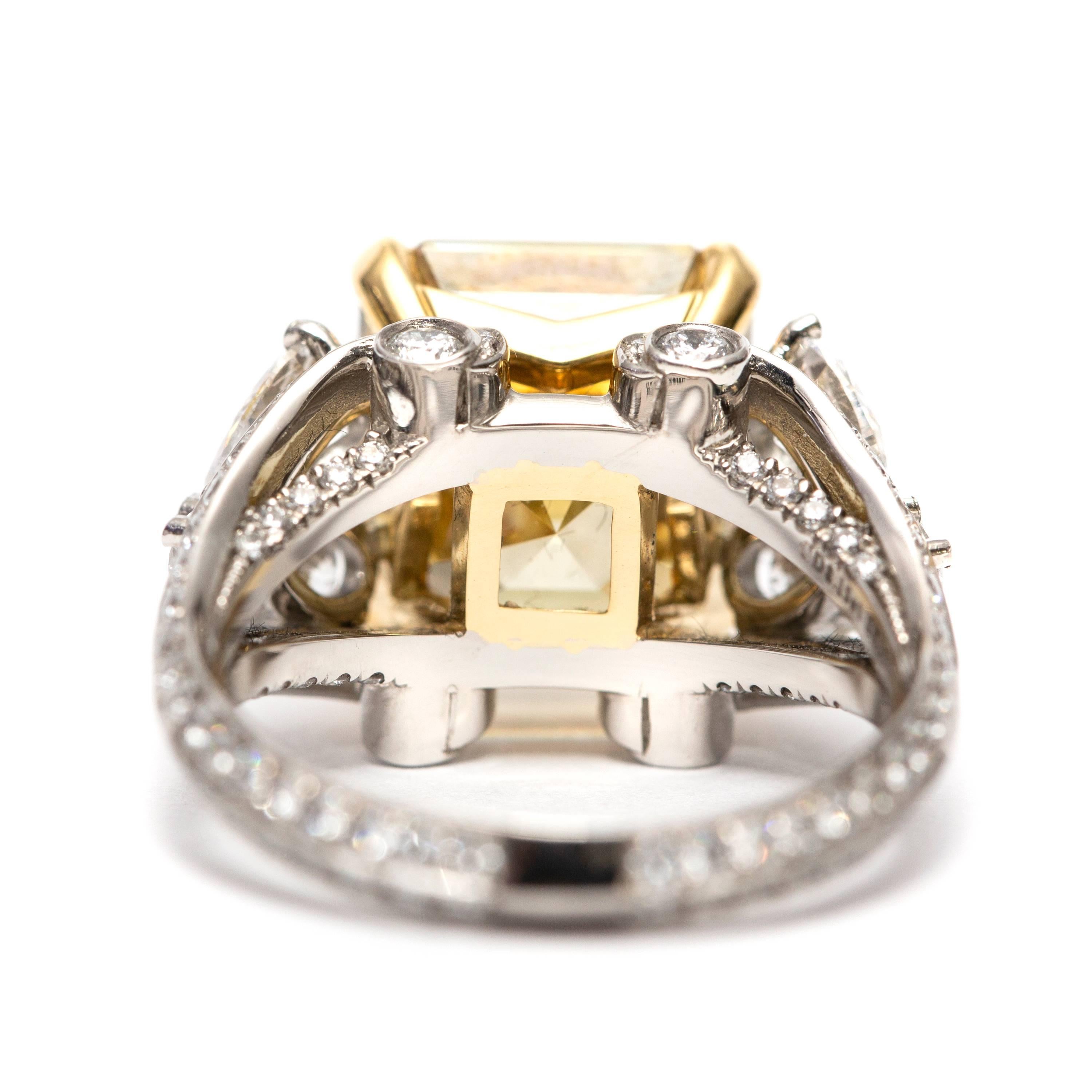 Modern GIA 9.40 Carat Yellow Emerald Pear Round Diamond Platinum Emerald Fancy Ring  For Sale