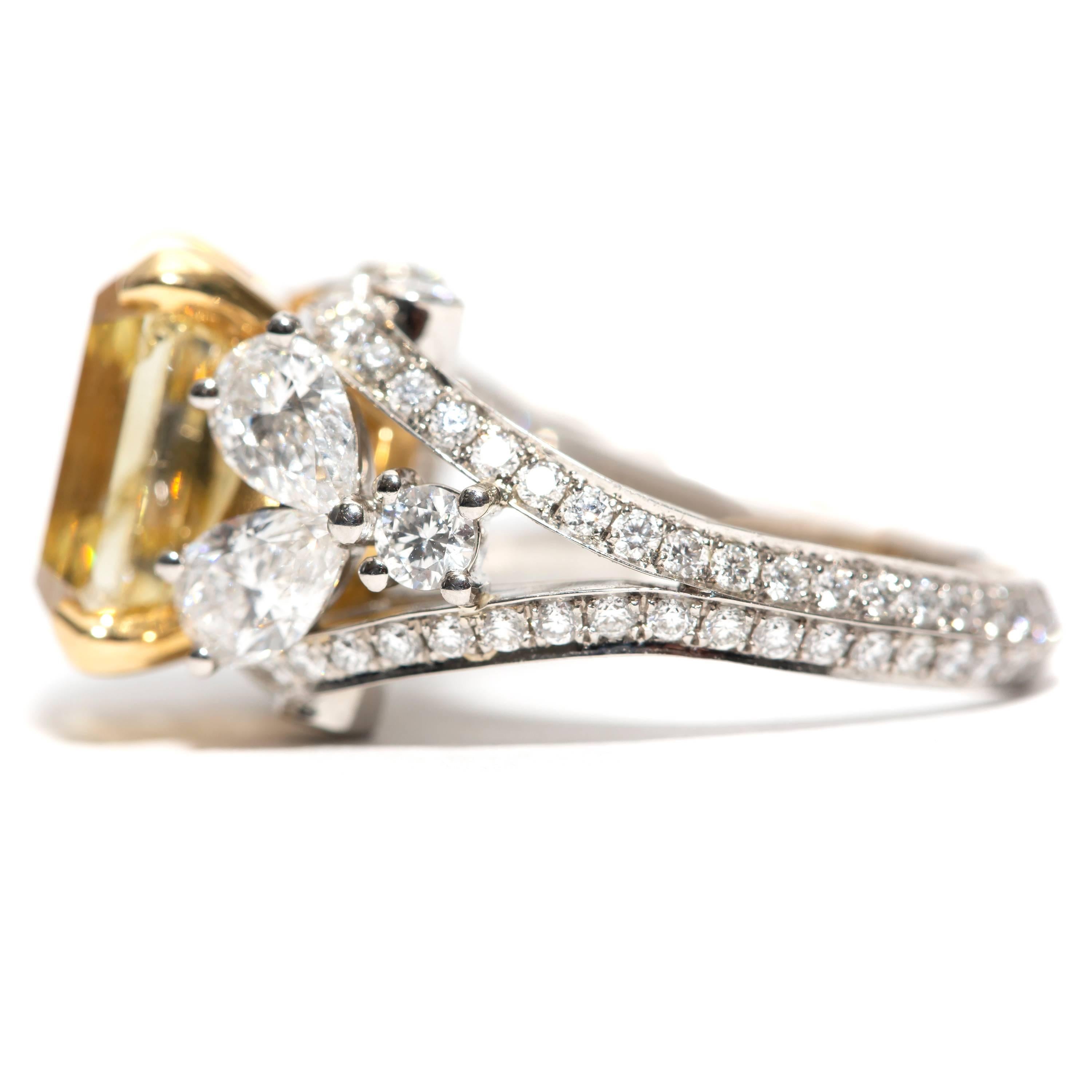 Emerald Cut GIA 9.40 Carat Yellow Emerald Pear Round Diamond Platinum Emerald Fancy Ring  For Sale