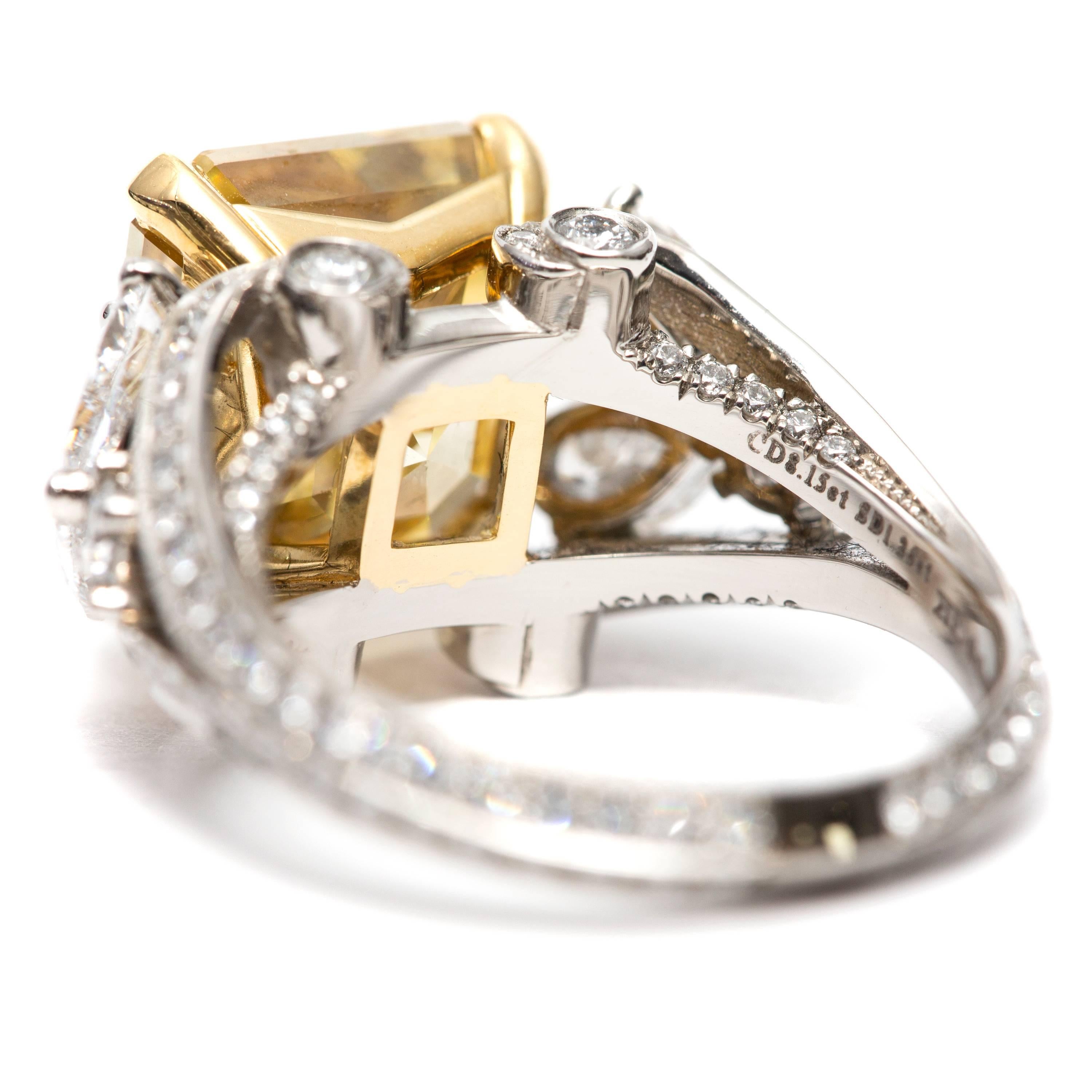 Women's GIA 9.40 Carat Yellow Emerald Pear Round Diamond Platinum Emerald Fancy Ring  For Sale