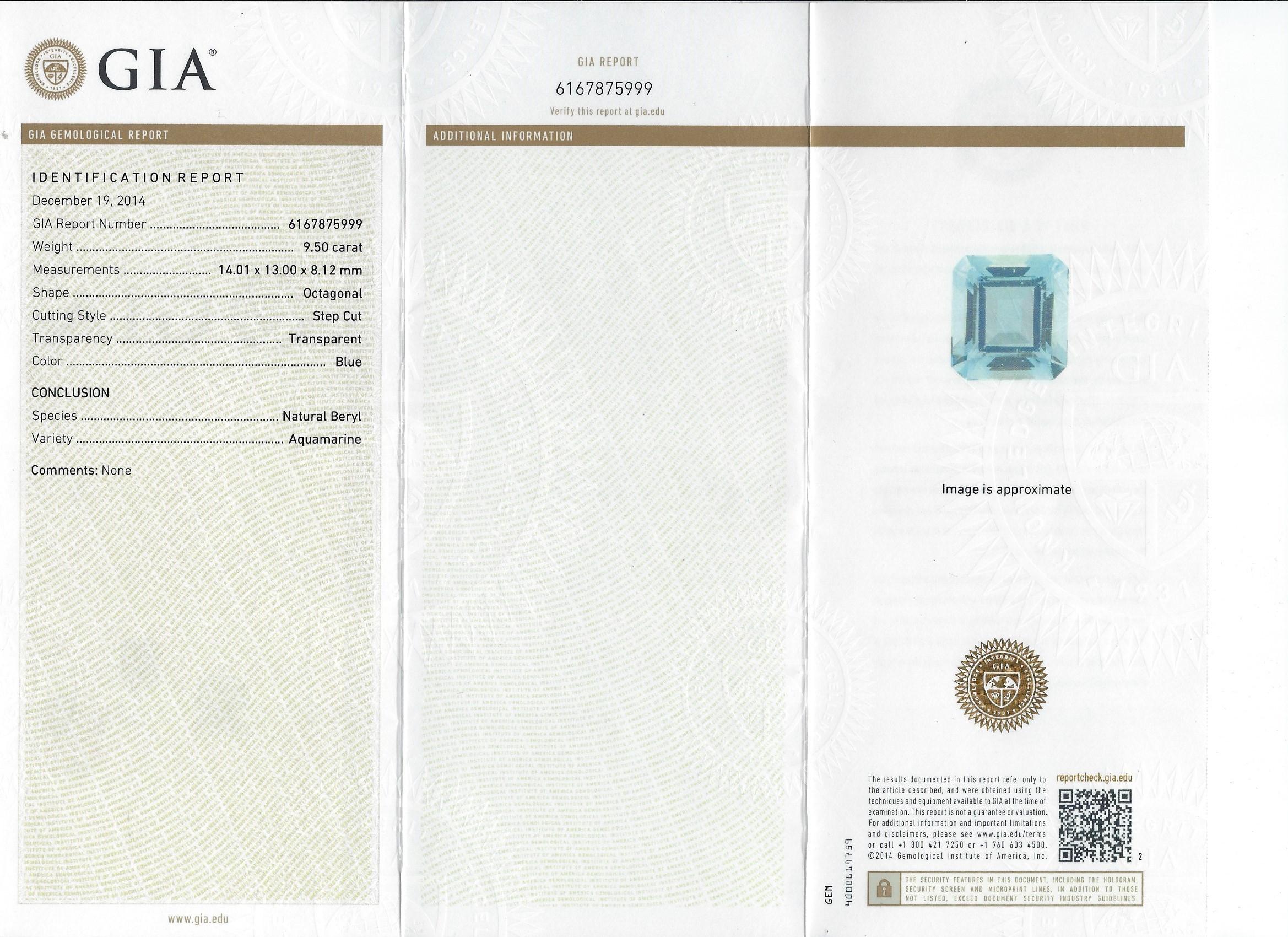 Square Cut GIA 9.50 Carat Square Aquamarine Ring For Sale