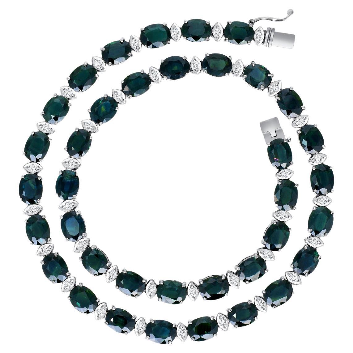 GIA 95.66 Carat Natural Blue Green Sapphire 14k White Gold Necklace For Sale