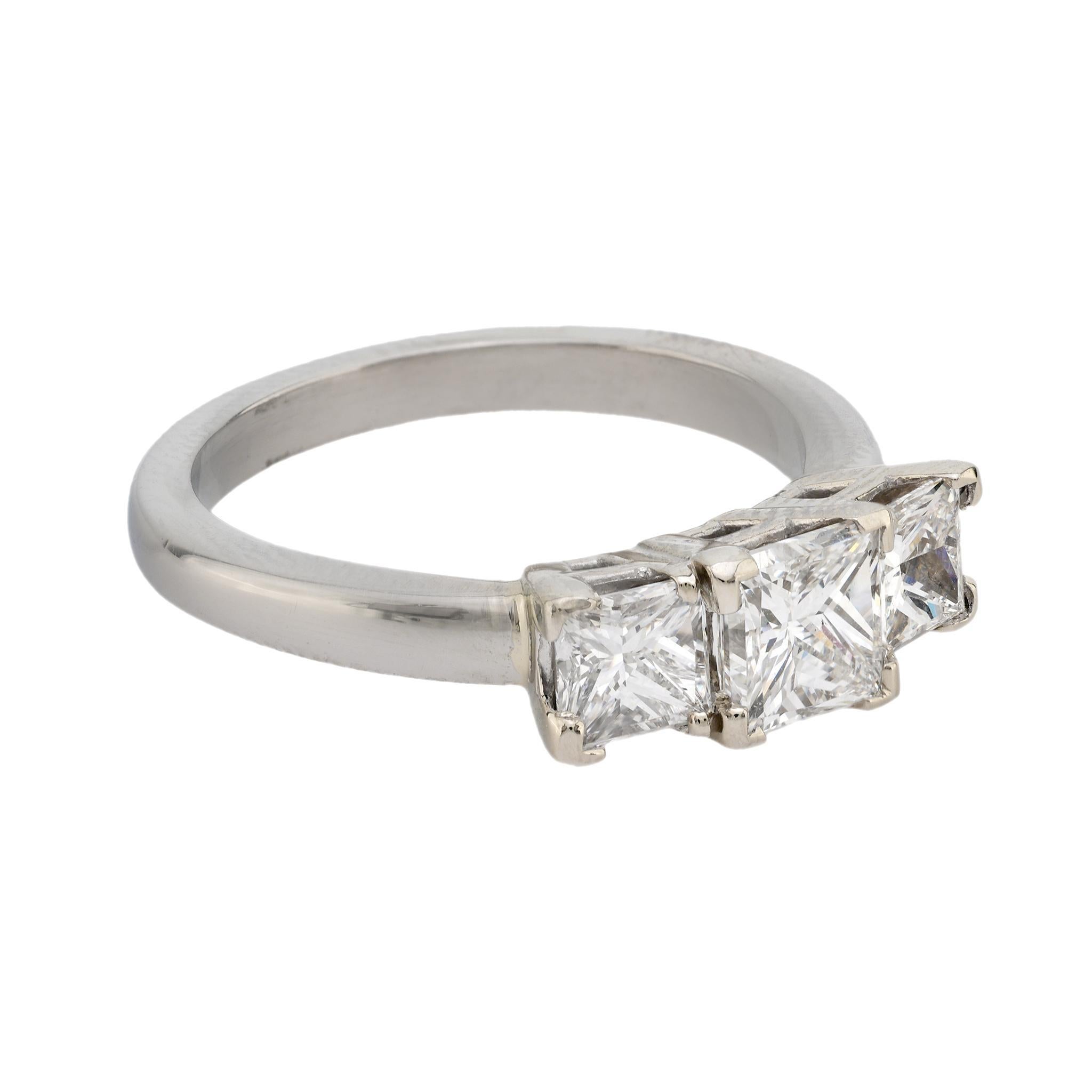 Modern GIA .96 carat princess cut diamond platinum three stone ring