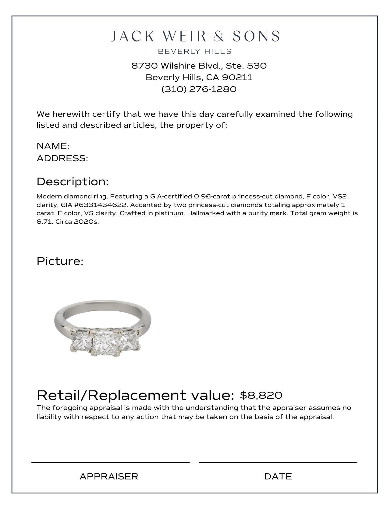 GIA .96 carat princess cut diamond platinum three stone ring In Excellent Condition In Beverly Hills, CA