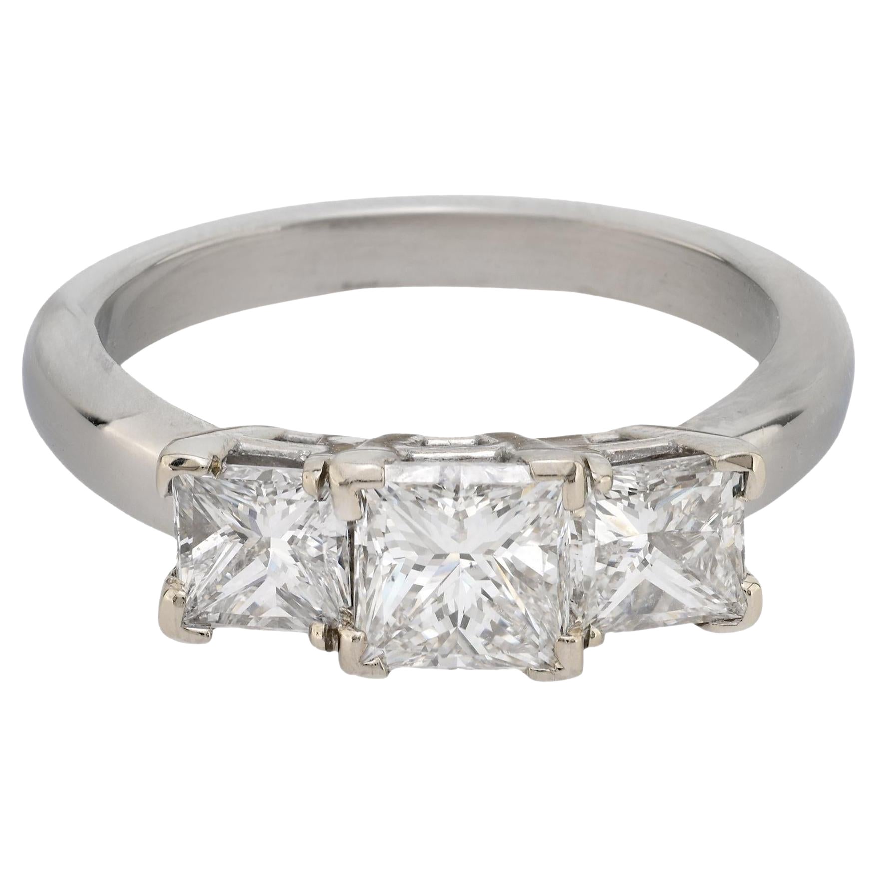 GIA .96 carat princess cut diamond platinum three stone ring For Sale