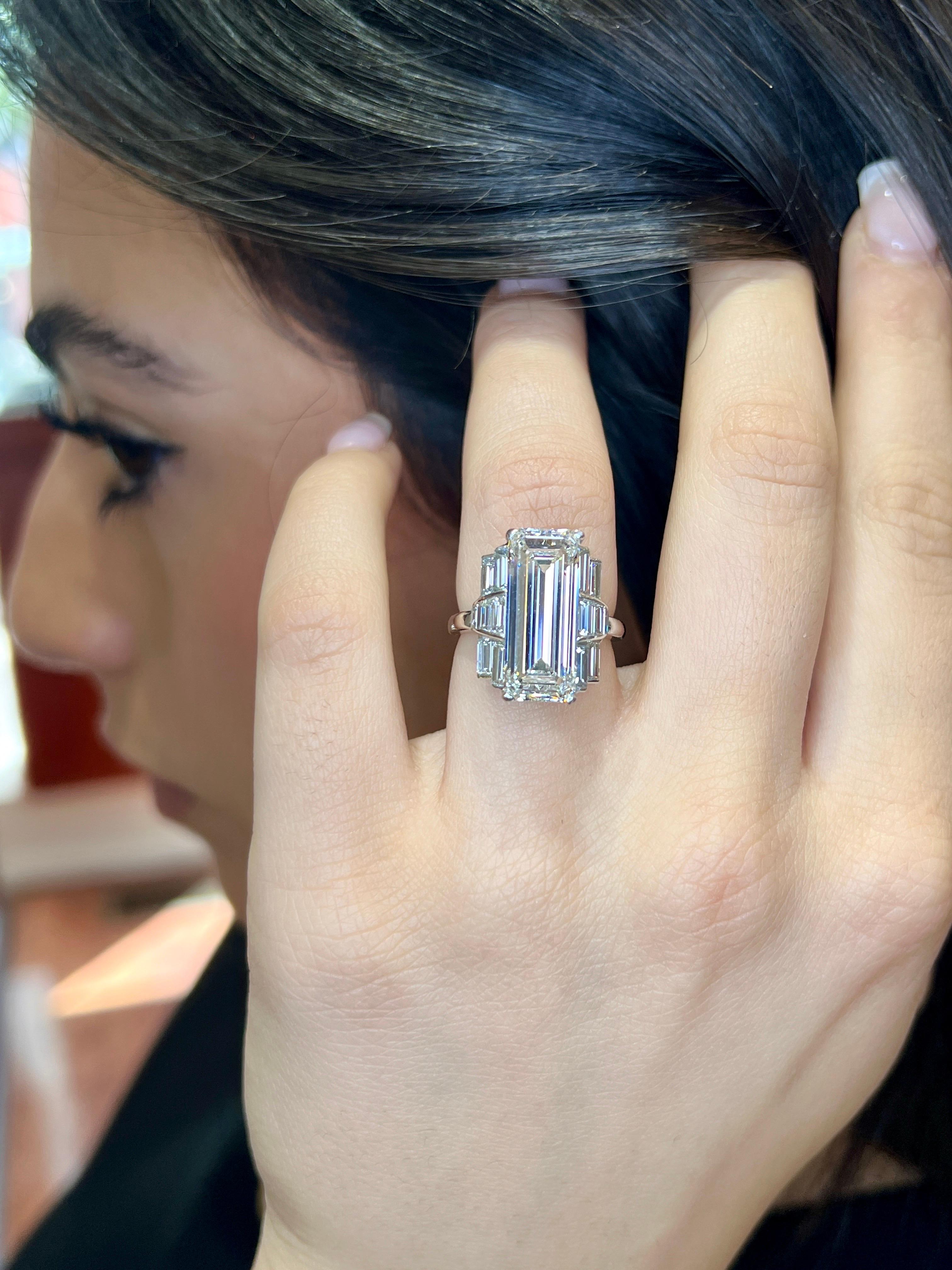 An important Art Deco Platinum Extra Elongated Emerald Cut Diamond Engagement Ring. A perfectly cut rectangular Diamond, GIA Certified (5234396672), set in a beautiful custom-made art deco mounting, emphasizing the fabulous length and width of the