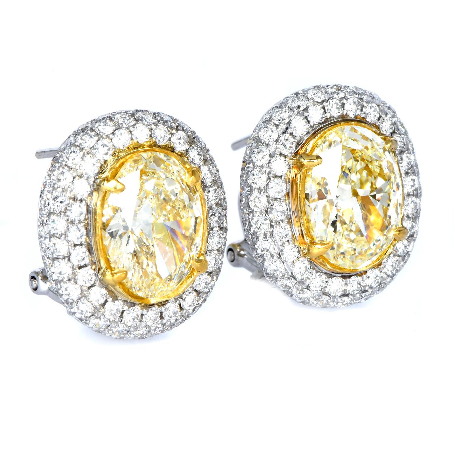 Oval Cut GIA 9.79cts Natural Yellow Diamond Halo Cluster Clip On Stud Gold Earrings For Sale