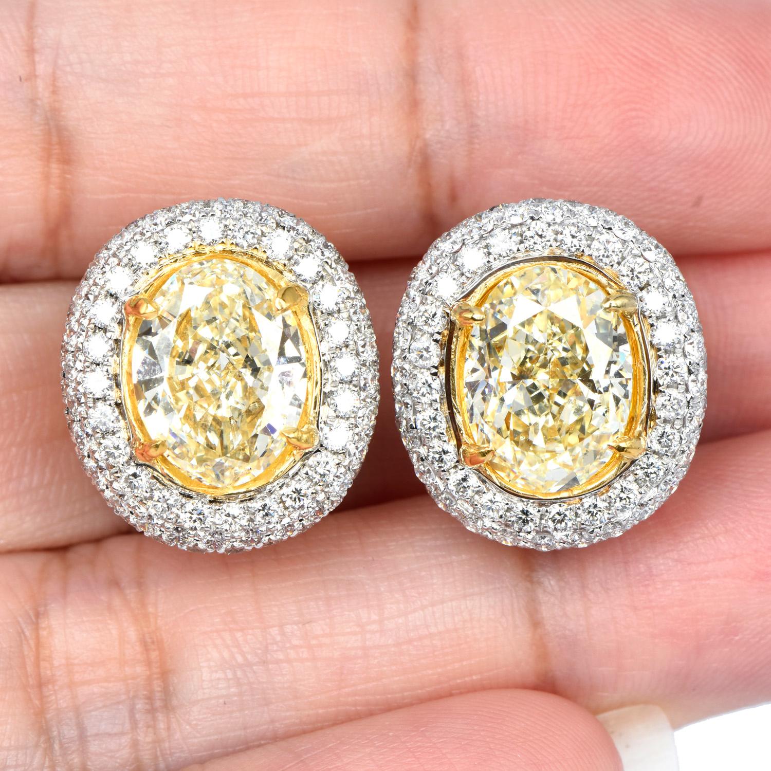 GIA 9.79cts Natural Yellow Diamond Halo Cluster Clip On Stud Gold Earrings In Excellent Condition For Sale In Miami, FL