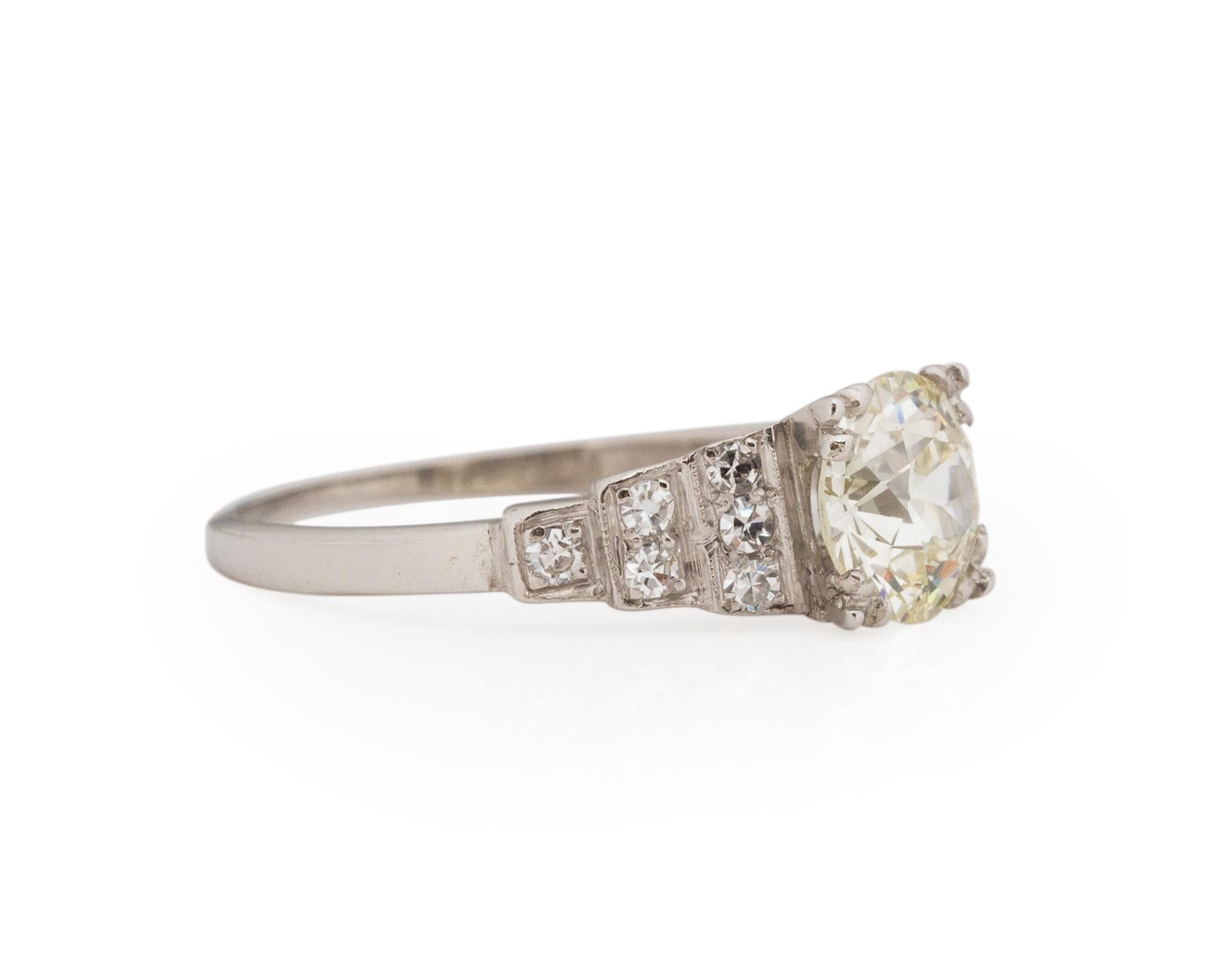 Ring Size: 5.25
Metal Type: Platinum [Hallmarked, and Tested]
Weight: 2.5 grams

Center Diamond Details:
GIA REPORT #: 6223324327
Weight: .98ct
Cut: Old European brilliant
Color: M
Clarity: VS1
Measurements: 6.65mm x 6.40mm x 3.70mm

Side Stone