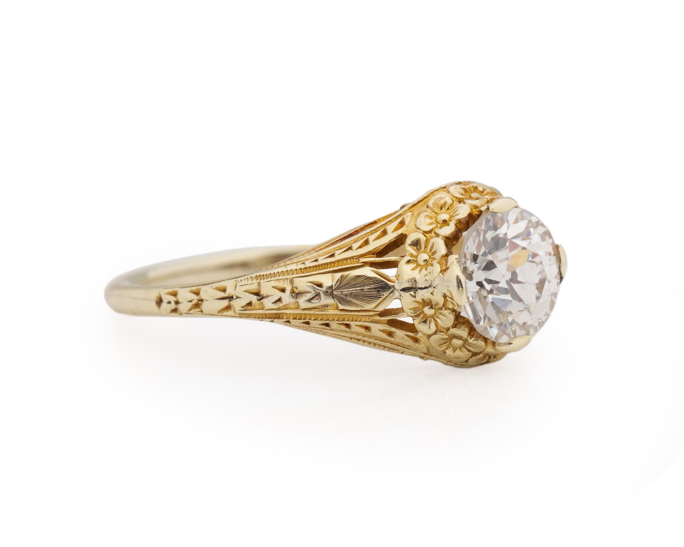Ring Size: 5.75
Metal Type: 14K Yellow Gold [Hallmarked, and Tested]
Weight: 2.8 grams

Diamond Details:
GIA REPORT #:6227447949
Weight: .98ct
Cut: Old European brilliant
Color: K
Clarity: SI2
Measurements: 6.19mm x 6.00mm x 4.26mm

Finger to Top of
