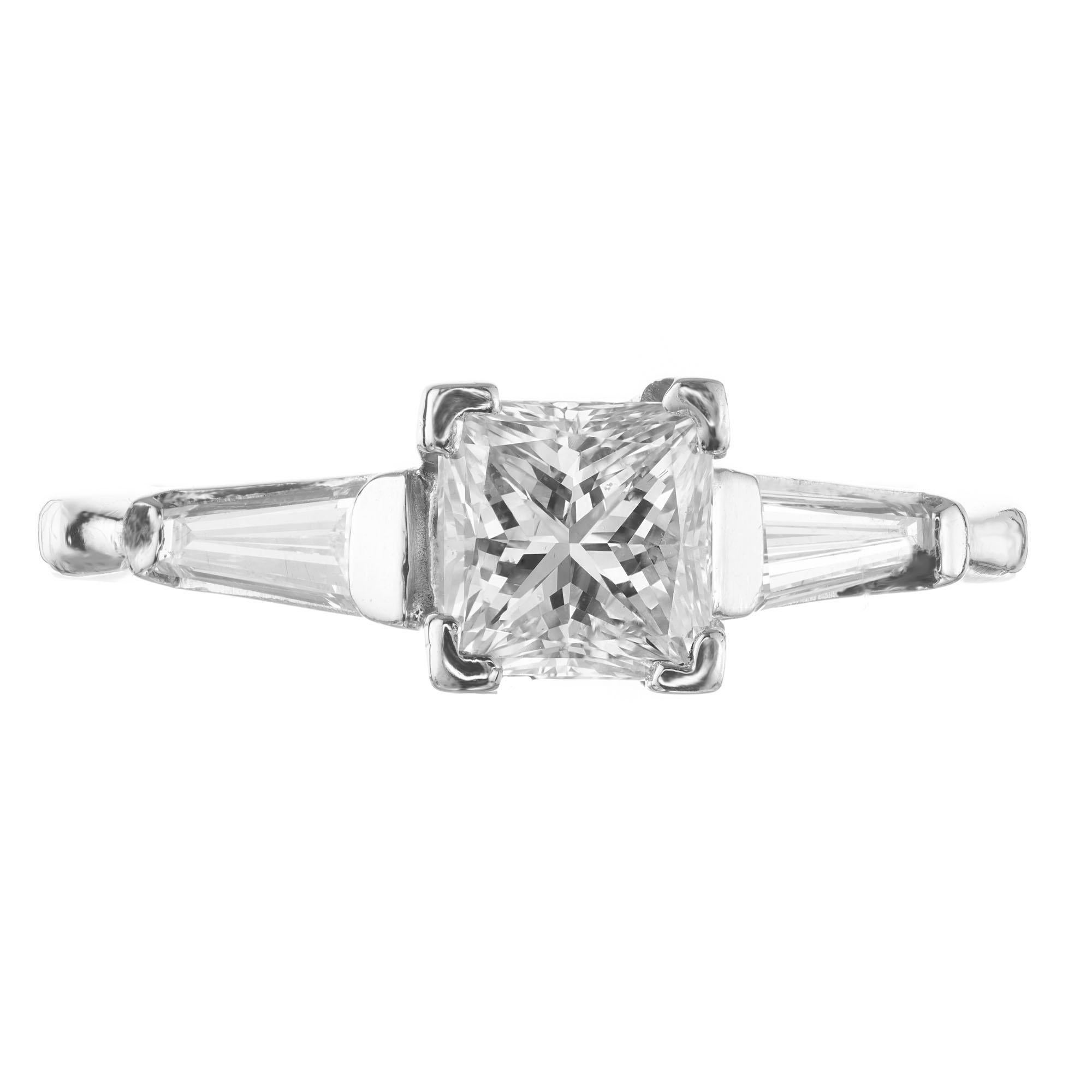 GIA .99 Carat Princess Cut Diamond Platinum Three-Stone Engagement Ring For Sale 4