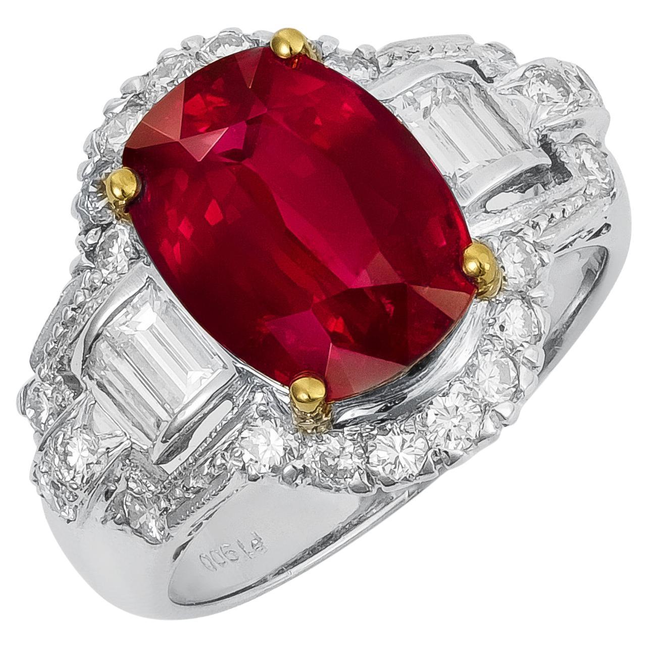 GIA AGL 5.21 ct Unheated Mozambique Ruby 1.18 ct Diamond Platinum Ring