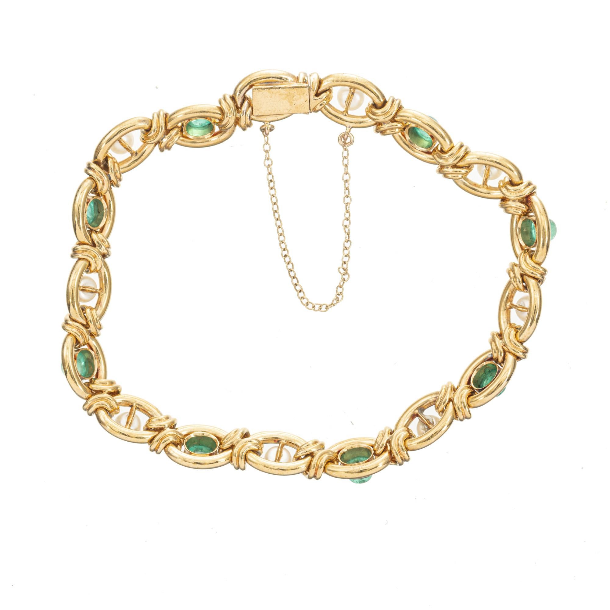 GIA AGL Certified 2.50 Carat Cabochon Emerald Natural Pearl Gold Link Bracelet 2
