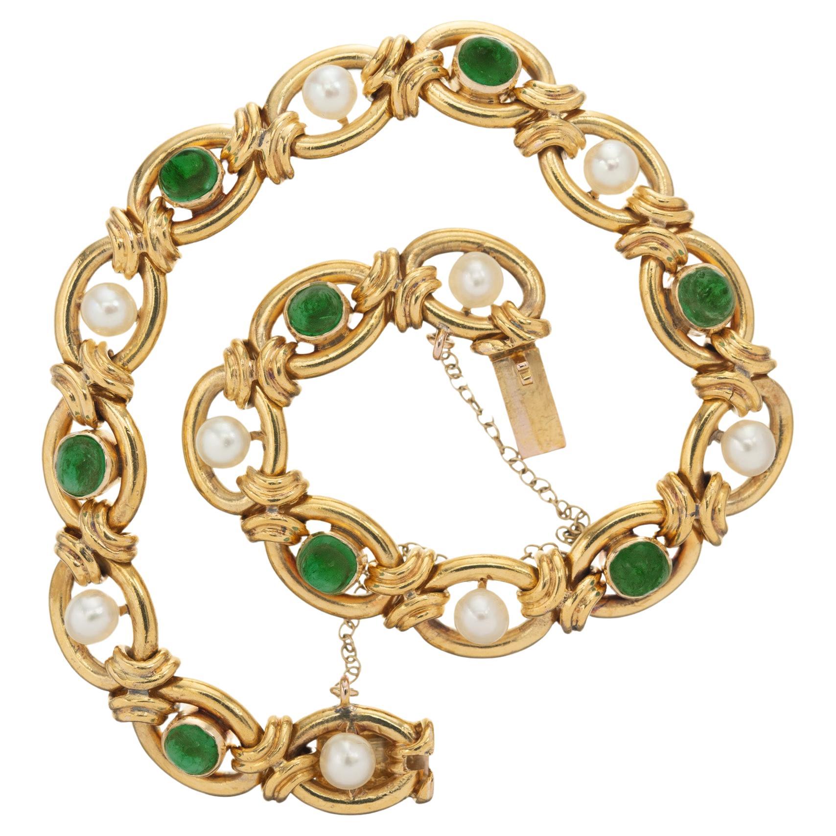 GIA AGL Certified 2.50 Carat Cabochon Emerald Natural Pearl Gold Link Bracelet