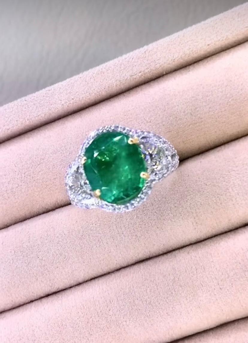 18 Karat Goldring, AIG-zertifizierter 6,70 natürlicher sambischer Smaragd 1,40 Karat Diamanten (Ovalschliff) im Angebot