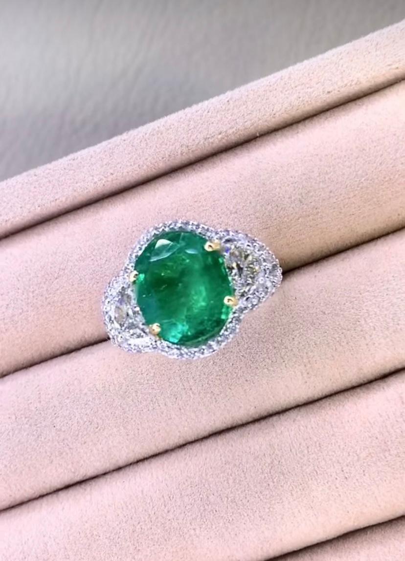 18 Karat Goldring, AIG-zertifizierter 6,70 natürlicher sambischer Smaragd 1,40 Karat Diamanten im Angebot 1