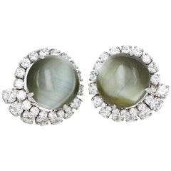 GIA and AGL Certified, 38.43 Carat Natural Cat's-Eye and Diamond Earrings