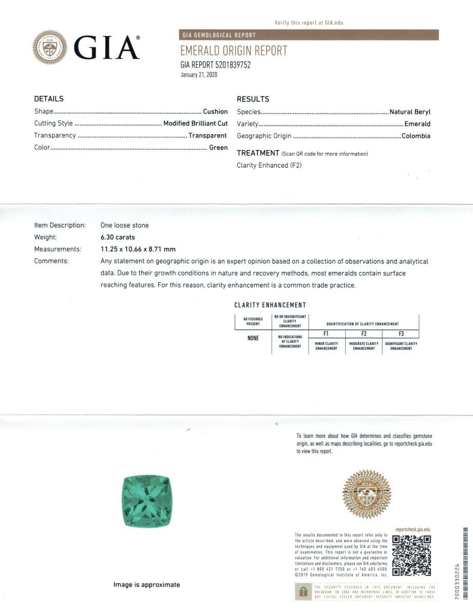 Please inquire for more videos/photos.

Identification: Natural Emerald
• Carat: 6.30 carats
• Shape: Cushion
• Measures: 11.25 x 10.66 x 8.71 mm
• Color: Green
• Cut: Modified Brilliant
• Origin: Colombia
• Report: GIA and AGL Report