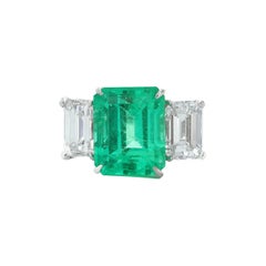 GIA and AGL Certified, Three-Stone Colombian Minor Emerald and Diamond Ring