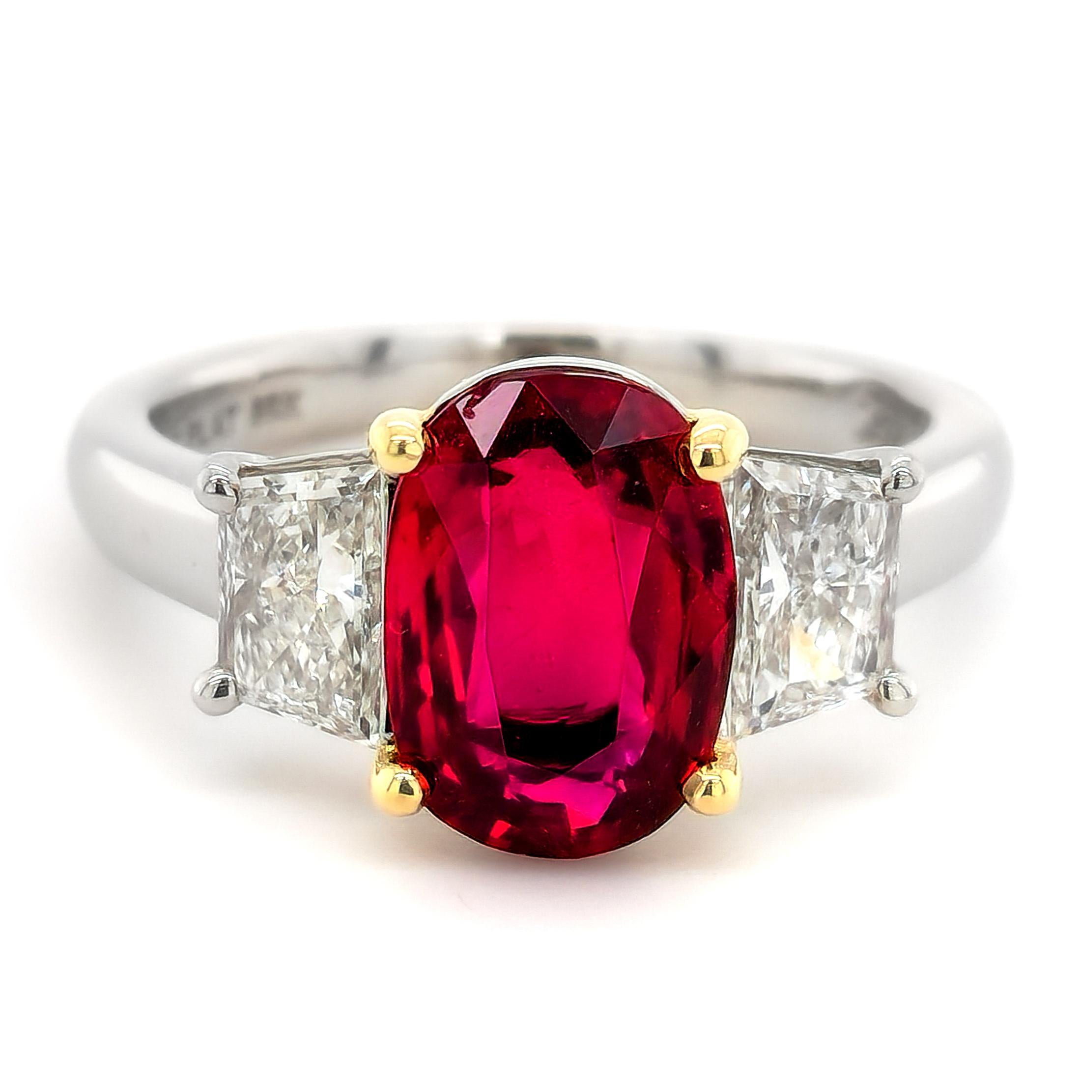 Romantic GIA and GRS Certified 2.50 Carat Unheated Ruby Diamond Platinum Engagement Ring For Sale