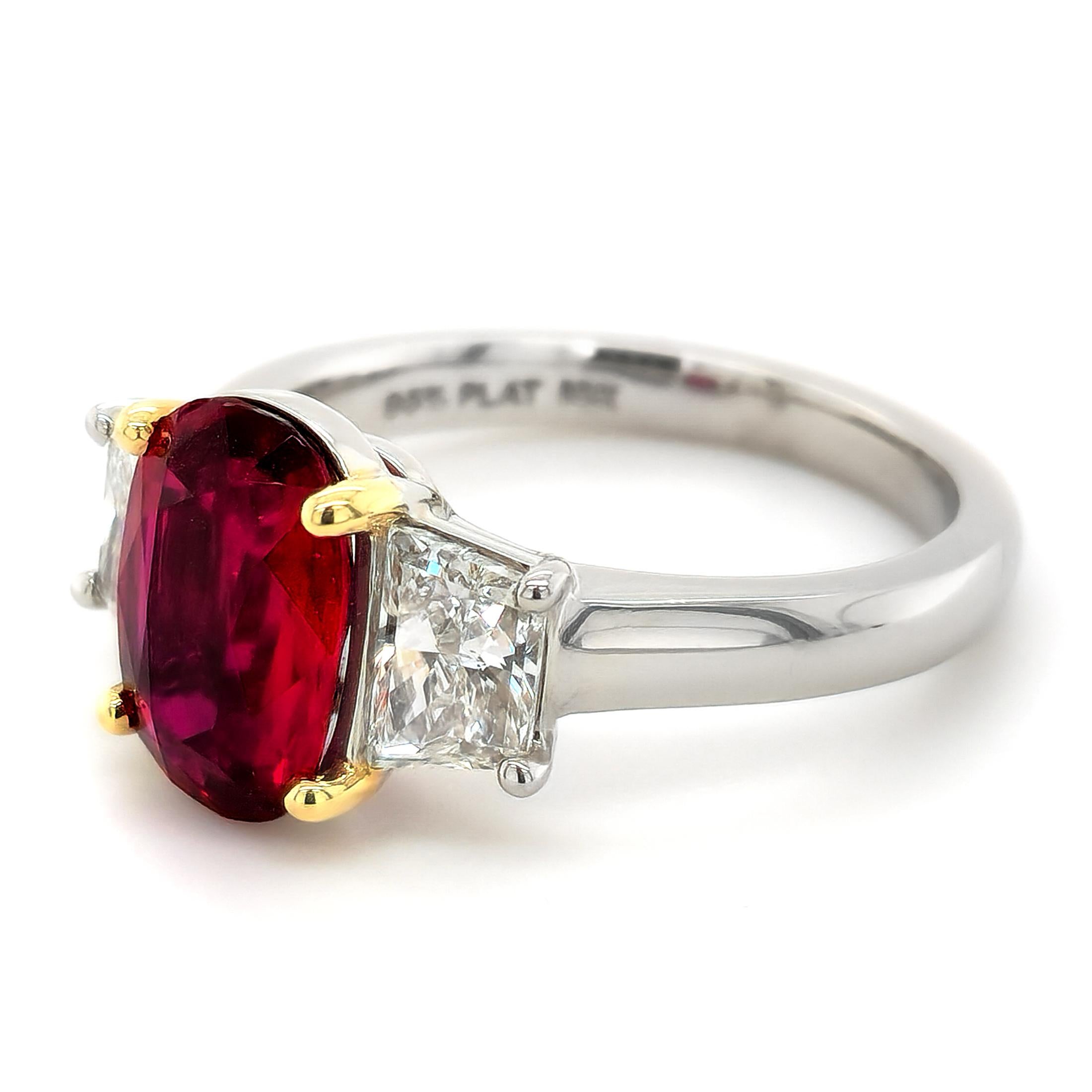 Brilliant Cut GIA and GRS Certified 2.51 Carat Unheated Ruby Diamond Platinum Engagement Ring For Sale