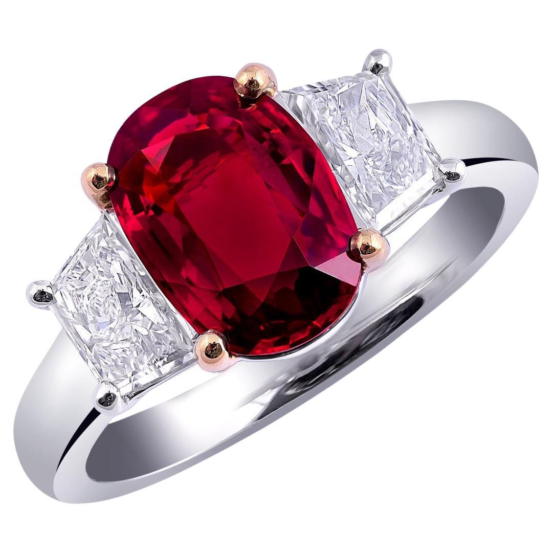 GIA and GRS Certified 2.50 Carat Unheated Ruby Diamond Platinum Engagement Ring For Sale