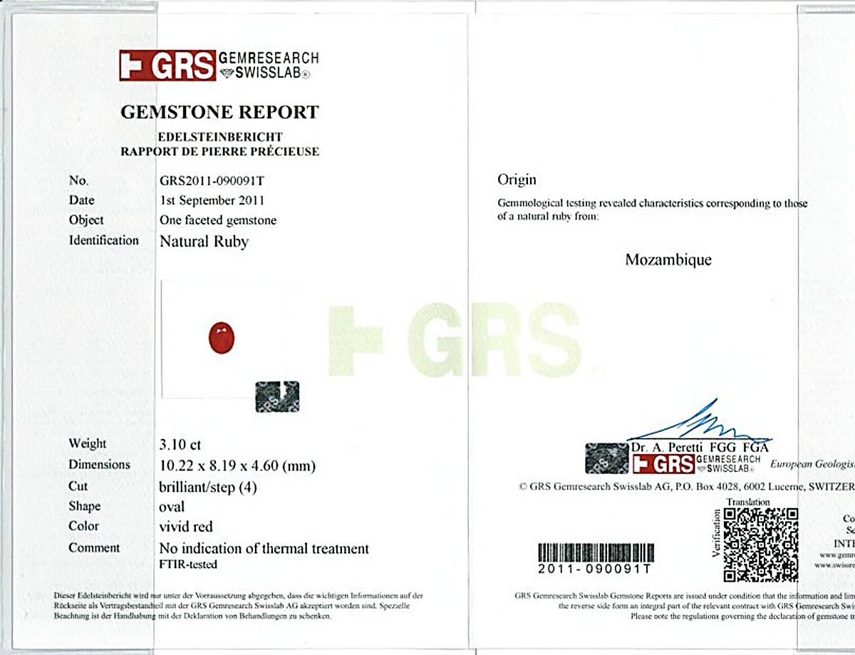 Platinring mit GIA- und GRS-zertifiziertem 3,10 Karat unerhitztem Rubin und Diamant für Damen (Zeitgenössisch) im Angebot