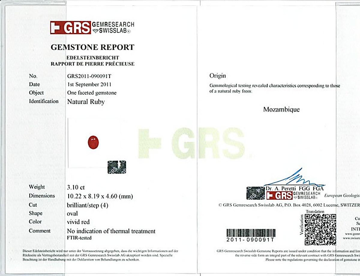 Contemporary GIA and GRS Certified 3.10 Carat Unheated Ruby Diamond Platinum Ring for Women For Sale