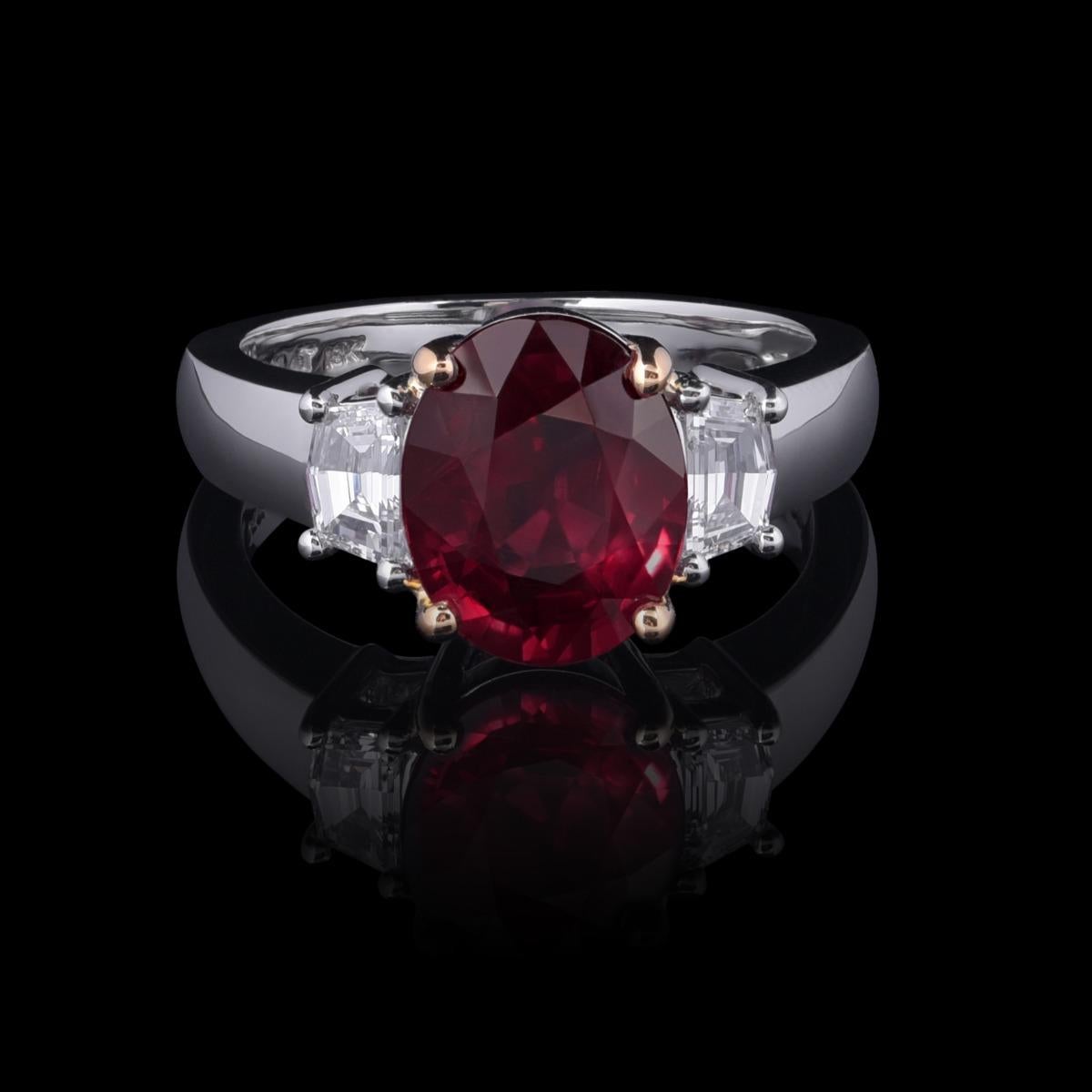 Women's GIA and GRS Certified 3.10 Carat Unheated Ruby Diamond Platinum Ring for Women For Sale