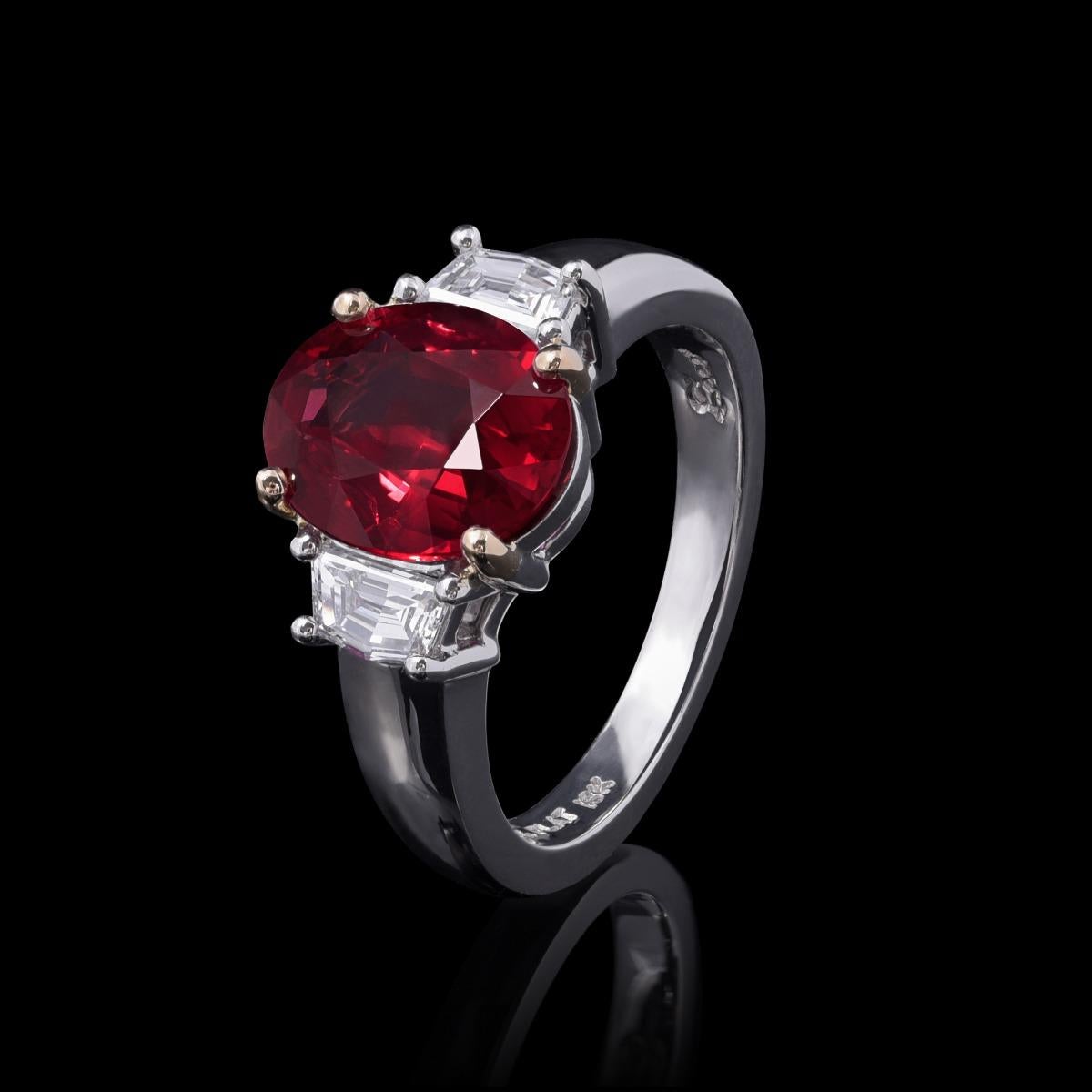 GIA and GRS Certified 3.10 Carat Unheated Ruby Diamond Platinum Ring for Women For Sale 1