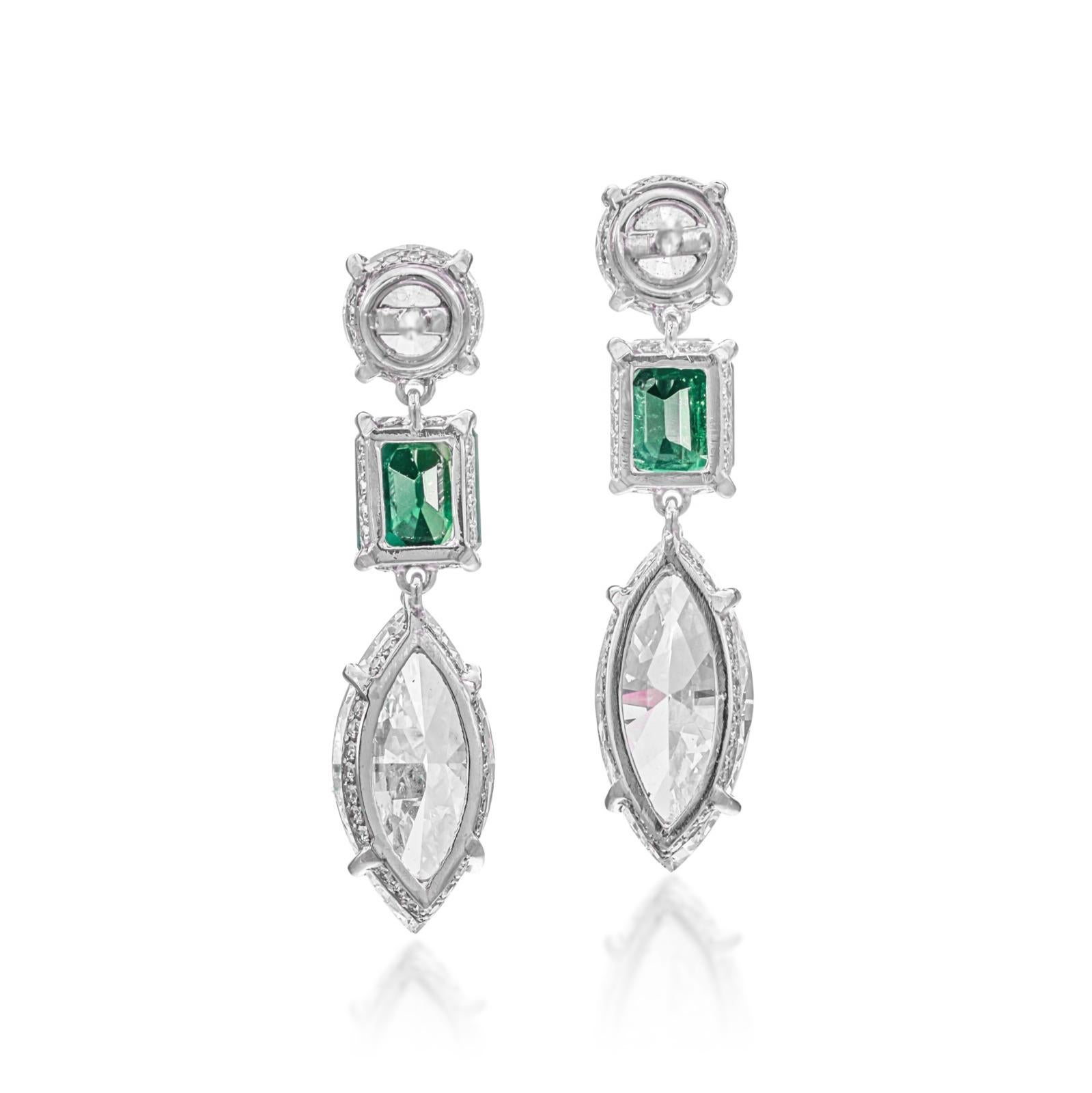 Contemporain Boucles d'oreilles avec diamants ronds, émeraudes et marquises certifiées GIA et GRS de 7,80 carats en vente