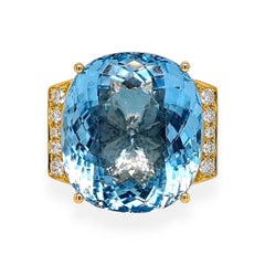 GIA and GU Certified 28.78 Aquamarine Round Diamond Yellow Gold Ring