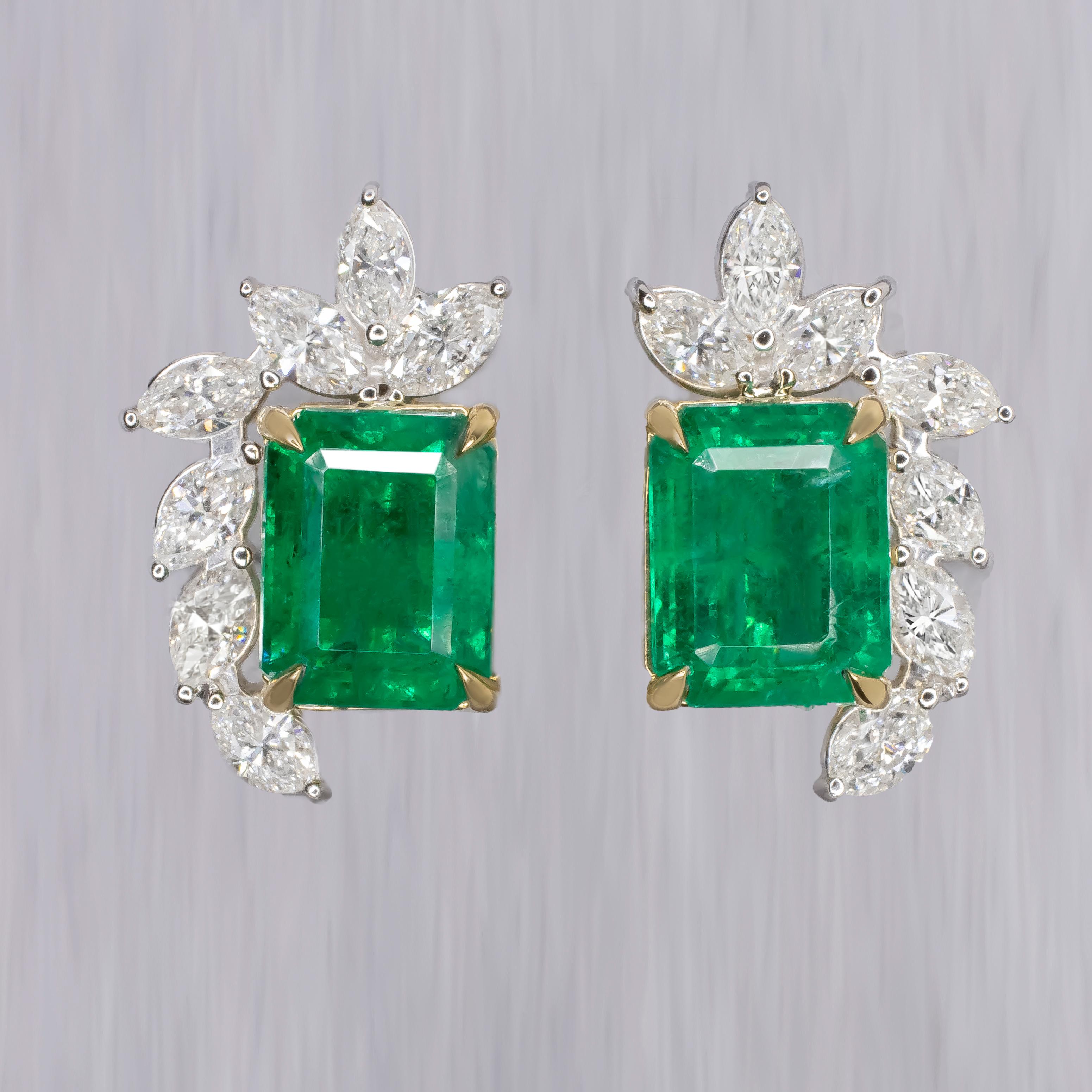 Contemporary GIA and IGI Certified 7 Carat Vivid Green Emerald and Marquise Diamonds Earrings For Sale