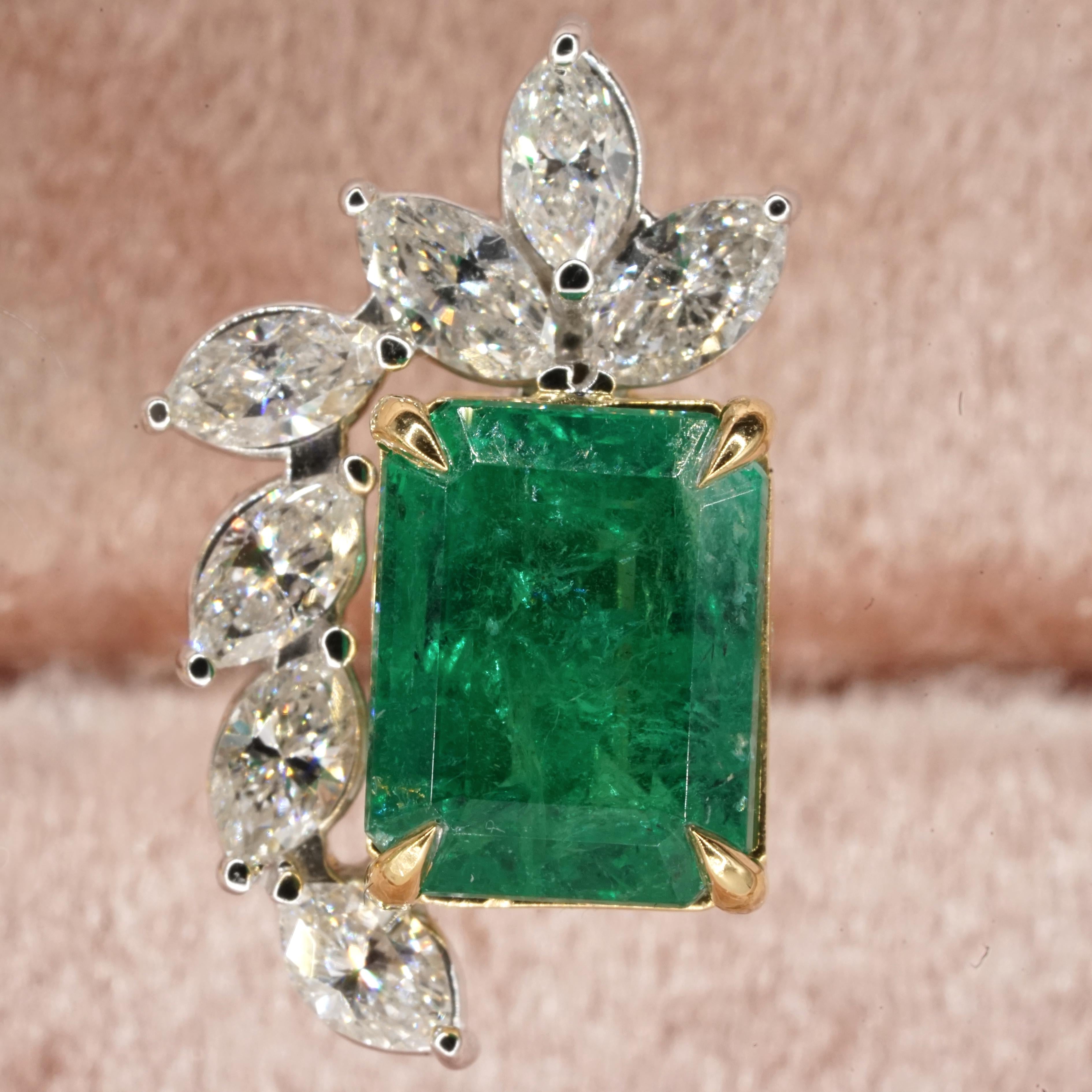 Emerald Cut GIA and IGI Certified 7 Carat Vivid Green Emerald and Marquise Diamonds Earrings For Sale