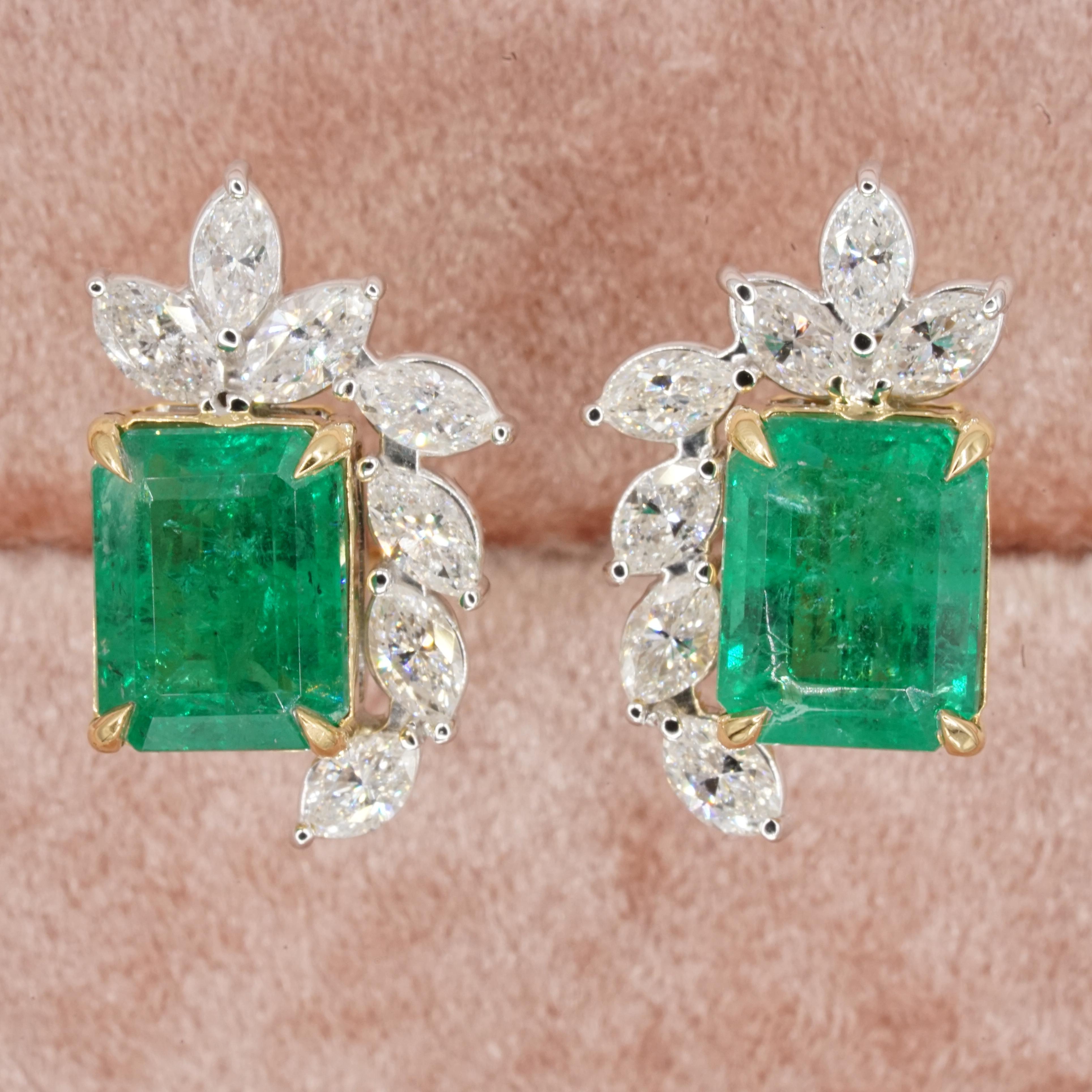 GIA and IGI Certified 7 Carat Vivid Green Emerald and Marquise Diamonds Earrings In New Condition For Sale In Chicago, IL