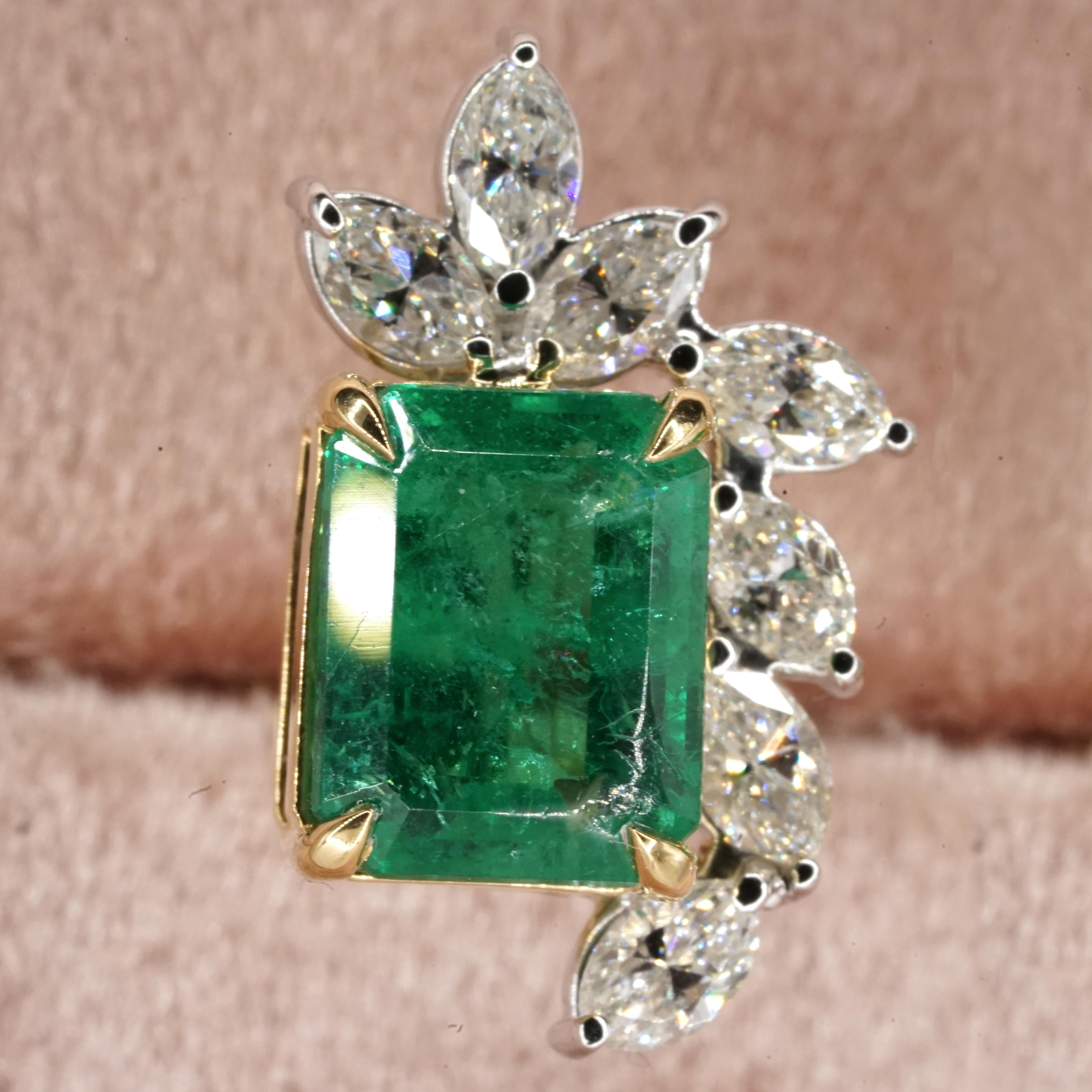 Women's GIA and IGI Certified 7 Carat Vivid Green Emerald and Marquise Diamonds Earrings For Sale