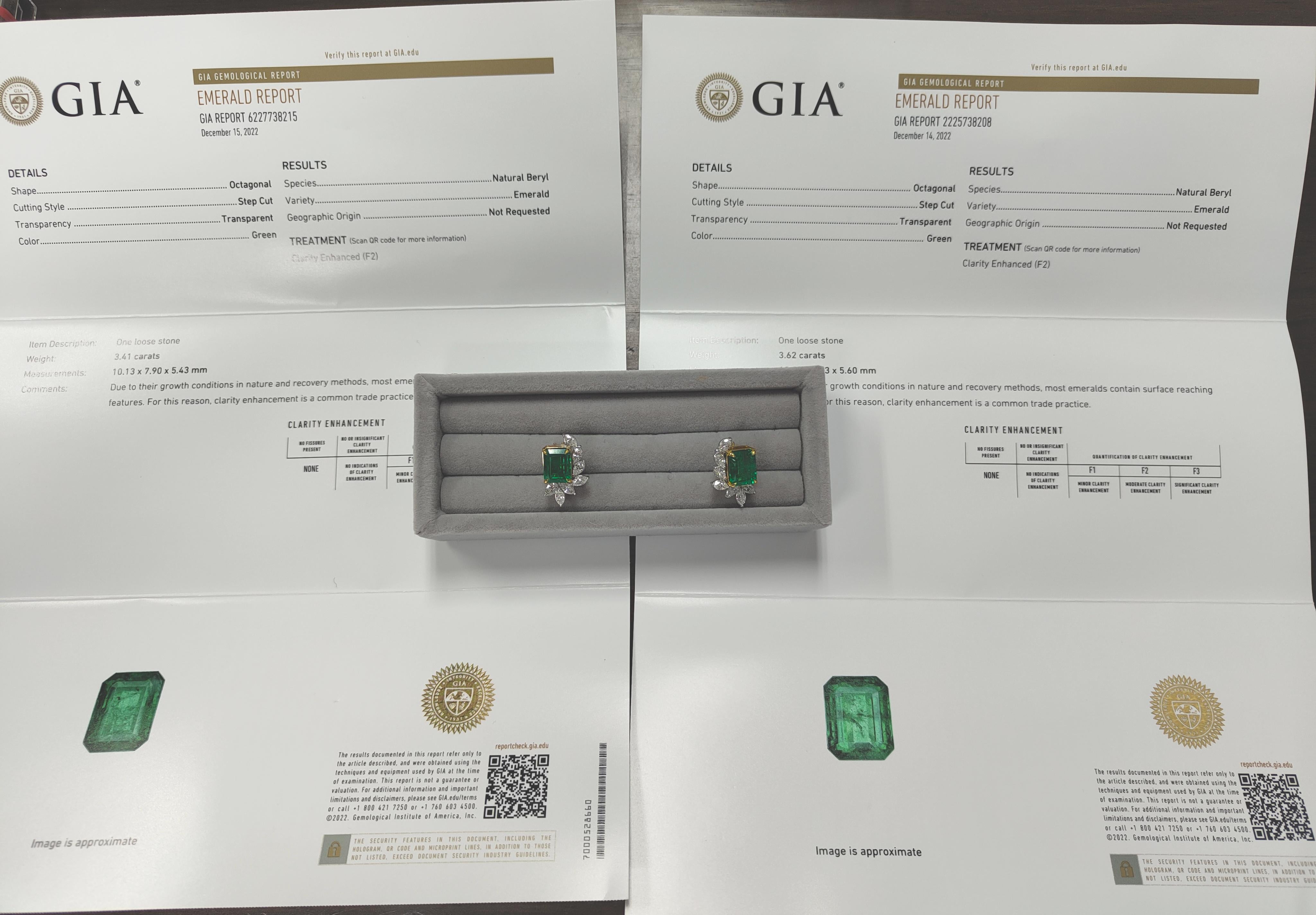 GIA and IGI Certified 7 Carat Vivid Green Emerald and Marquise Diamonds Earrings For Sale 1