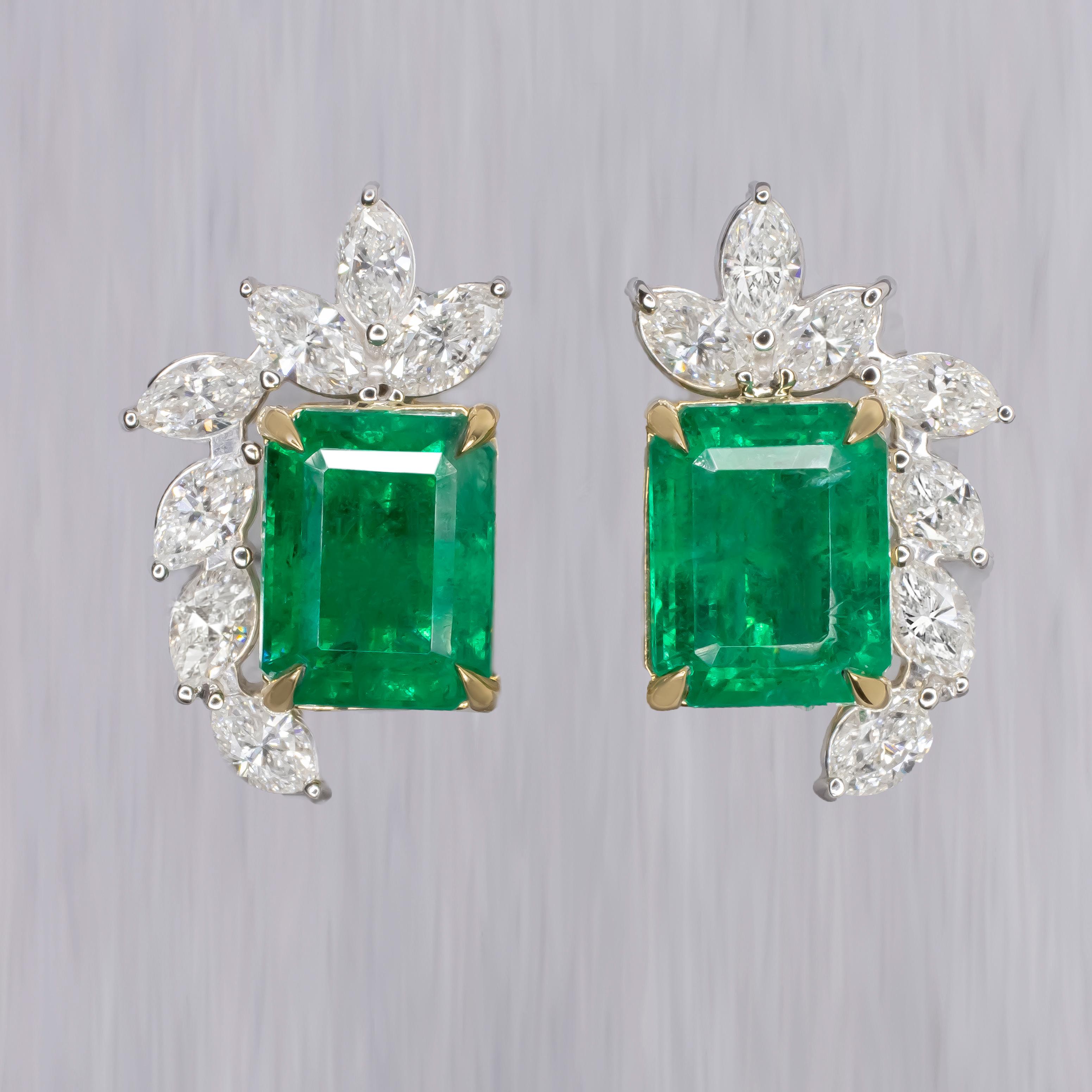 GIA and IGI Certified 7 Carat Vivid Green Emerald and Marquise Diamonds Earrings For Sale 2
