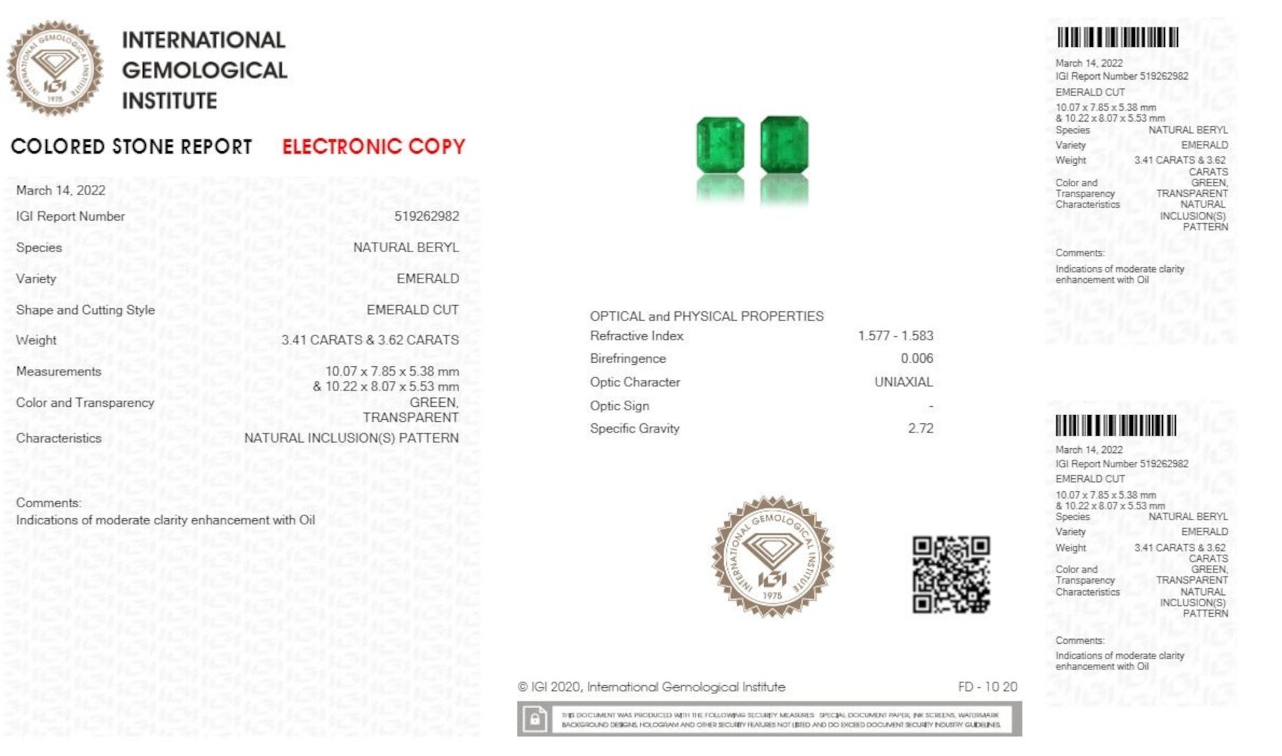GIA and IGI Certified 7 Carat Vivid Green Emerald and Marquise Diamonds Earrings For Sale 3