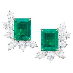 GIA and IGI Certified 7 Carat Vivid Green Emerald and Marquise Diamonds Earrings