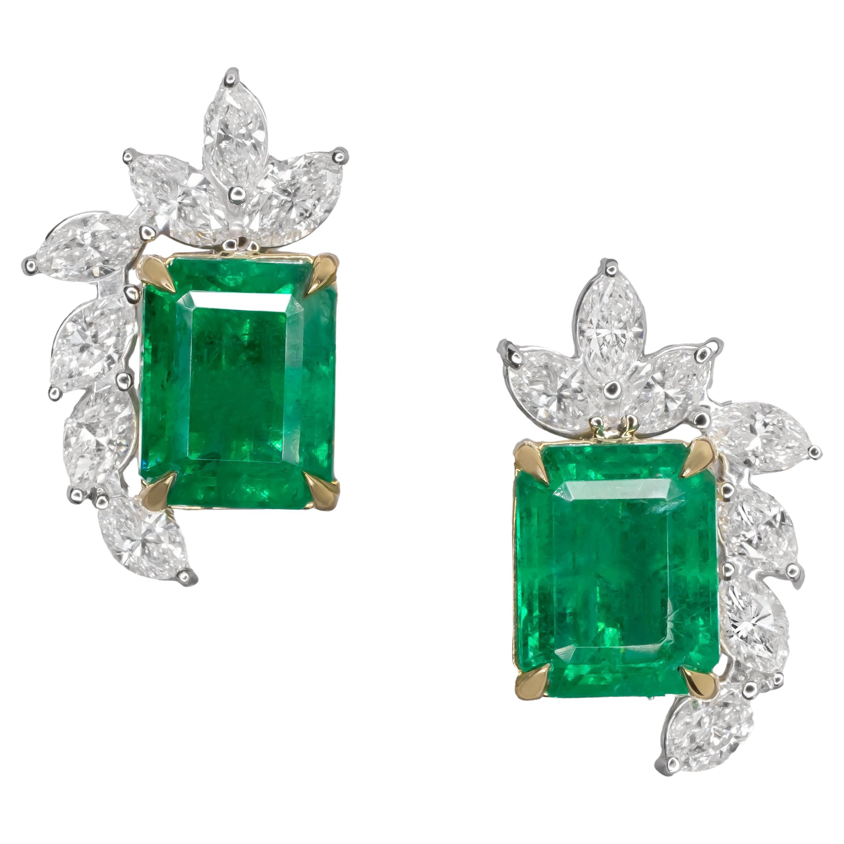 GIA and IGI Certified 7 Carat Vivid Green Emerald and Marquise Diamonds Earrings For Sale
