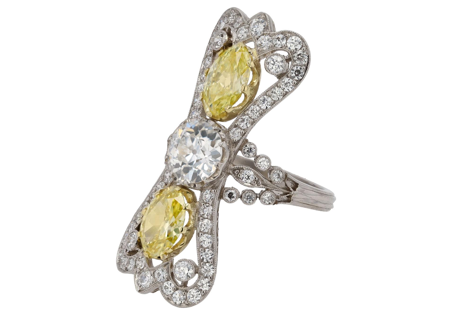 Edwardian GIA Antique 3 Stone 4 Carats Fancy Intense Yellow Diamond Ring For Sale