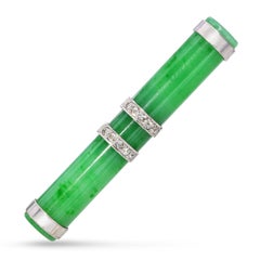 GIA Antique Art Deco 14k Platinum Type A Jade & Diamond Bar Brooch