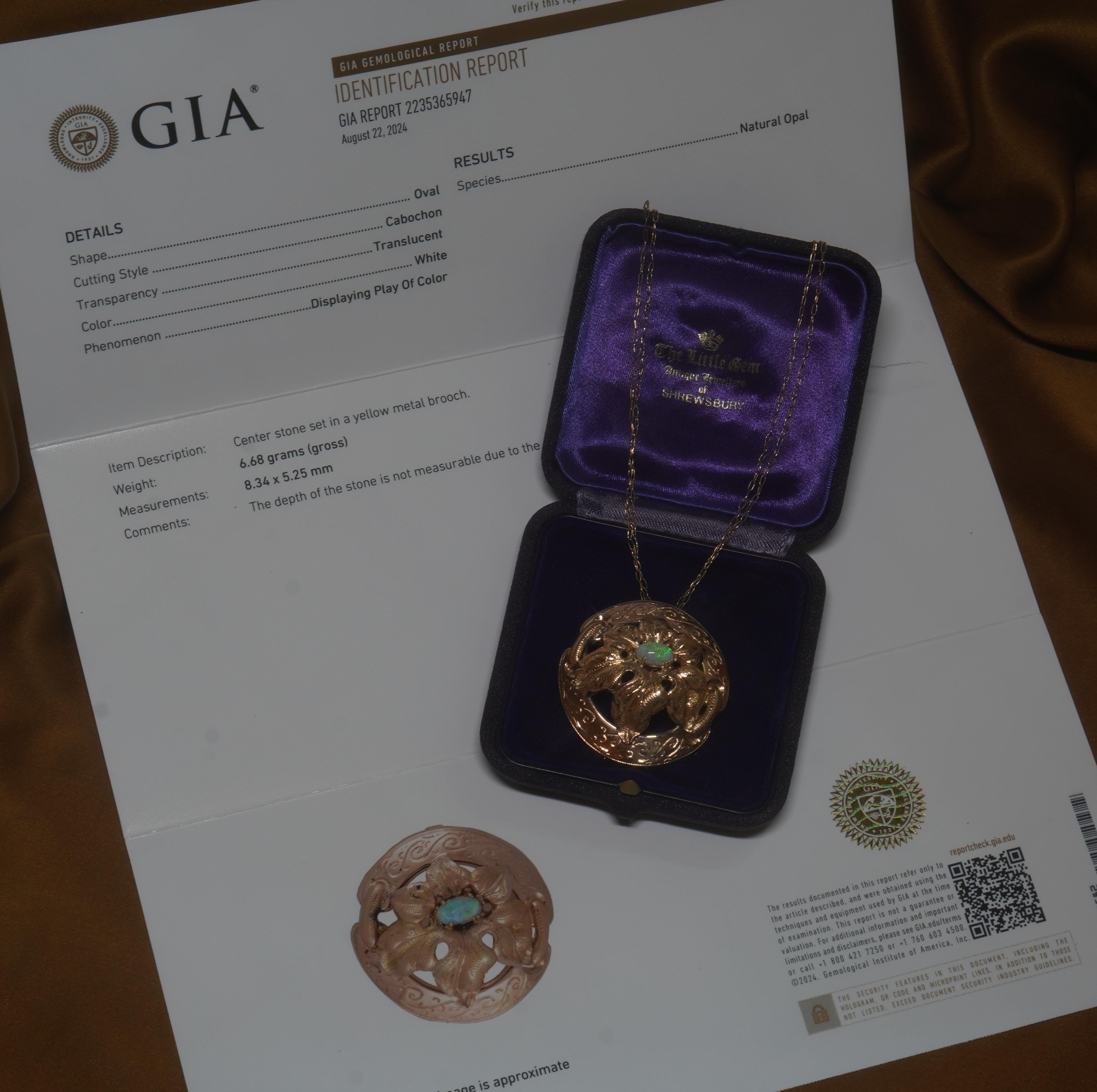 Cabochon GIA Antique Australian Opal 14K Pendant Natural Vintage Necklace Solid Gold Fine For Sale