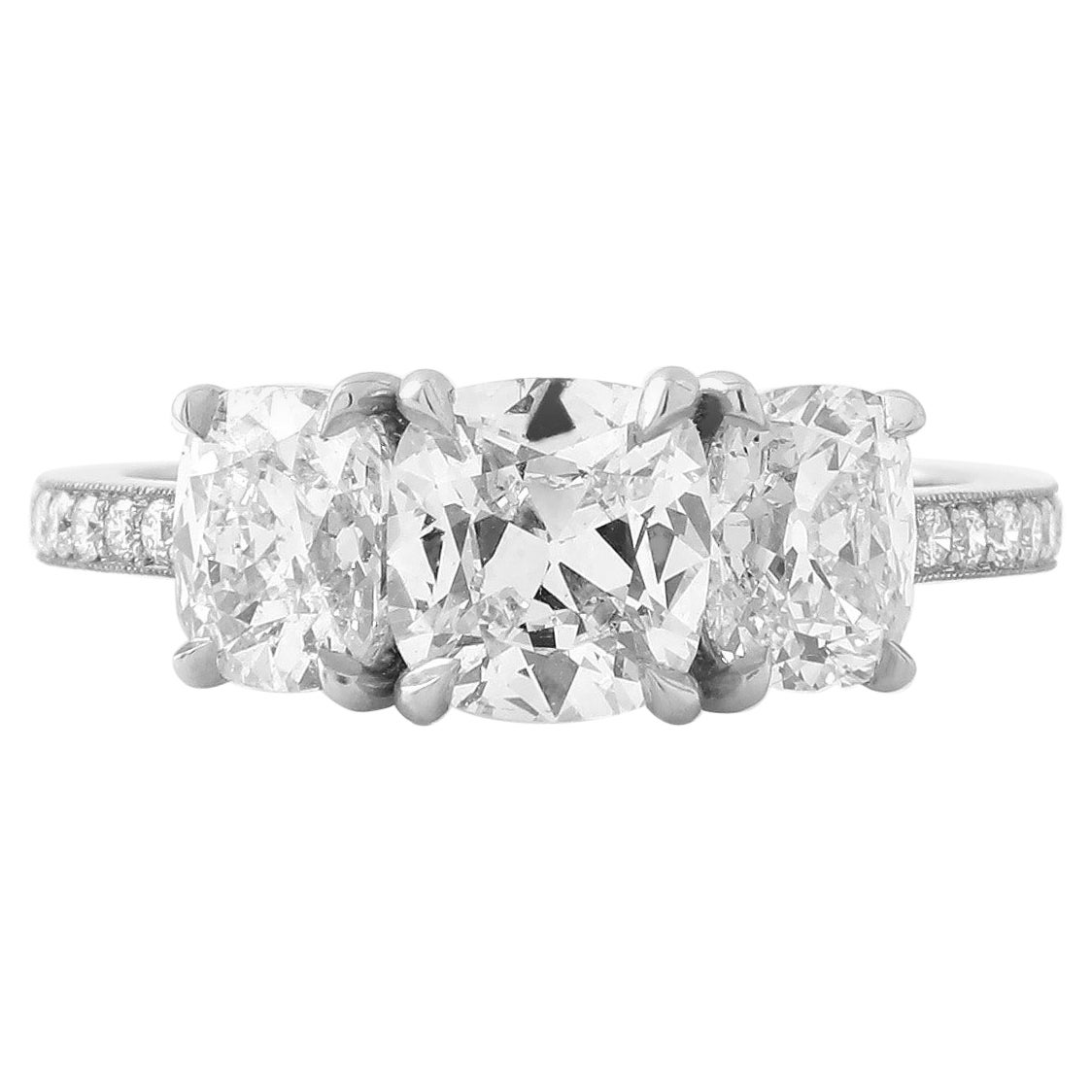 GIA Antique-Cut Diamond Cushion Three Stone Ring with 1.06 D VVS1 Center For Sale