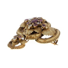 GIA Antique Georgian 1830's Natural Garnet Beryl Yellow Gold Patina Brooch